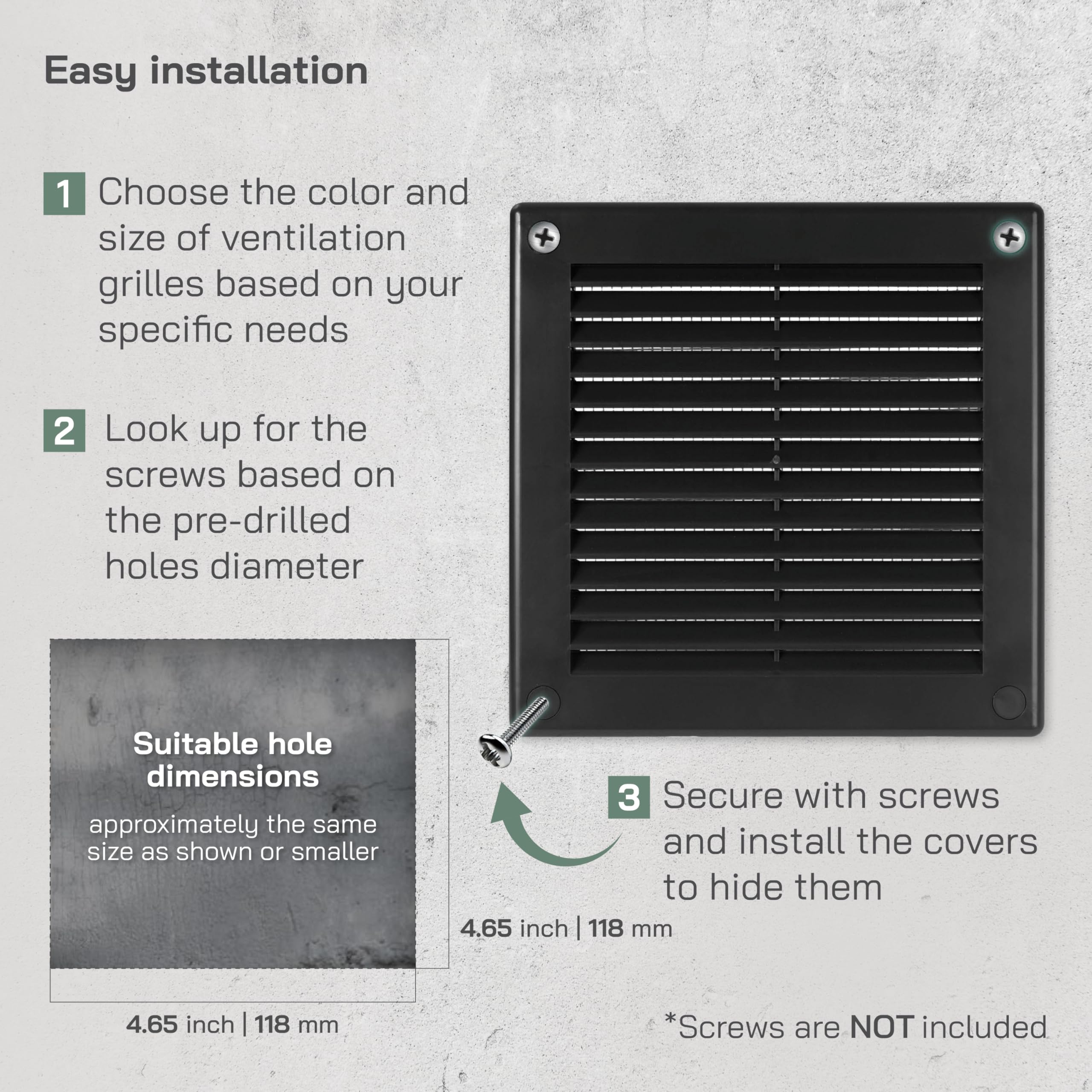 Vent Systems 4.5 x 4.5 pulgadas (dimensiones de apertura) – Paquete de 5 – Cubierta de ventilación de plástico negro Soffit – Rejilla de ventilación cuadrada plana – Deflector de ventilación – HVAC 6
