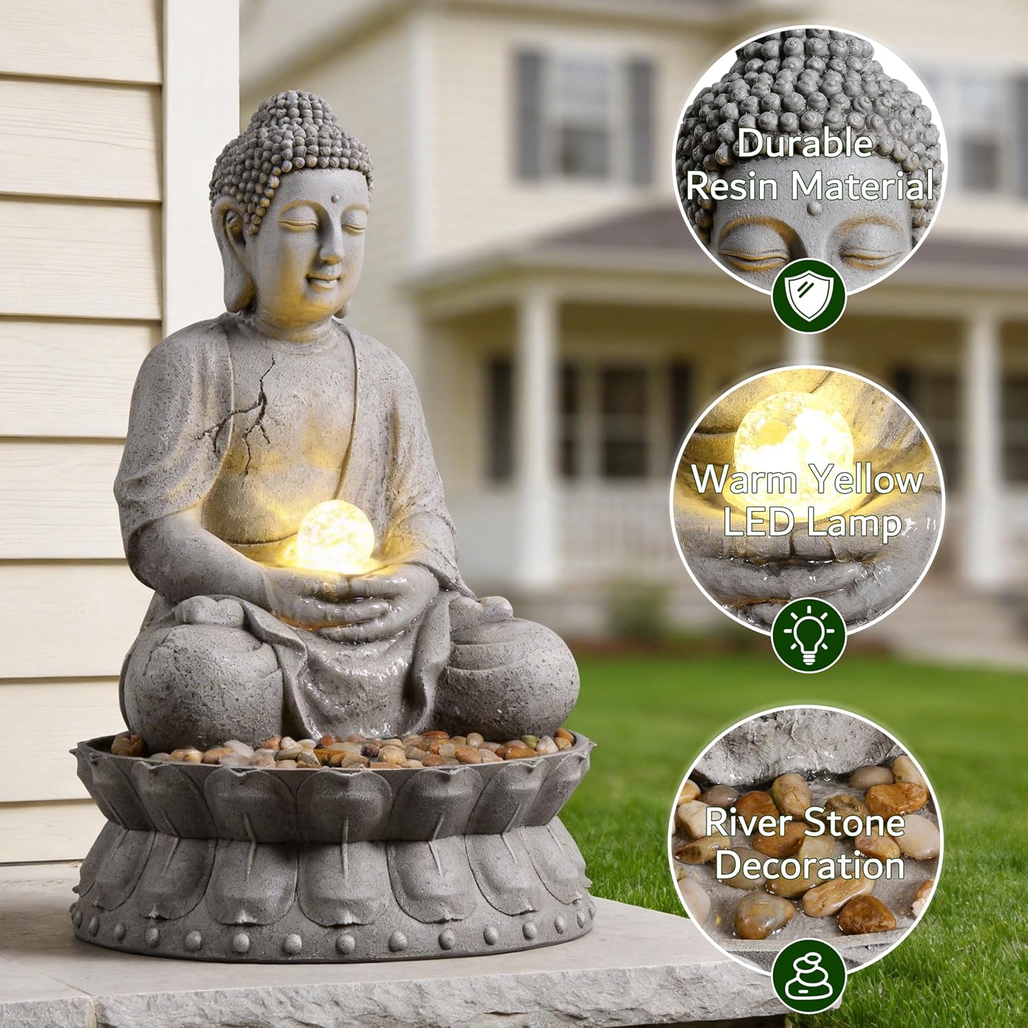 Buddha Statue Outdoor Water Fountain with LED Light, Gray Stone-Like with Lotus Base, Decorative Garden, Yard and Patio