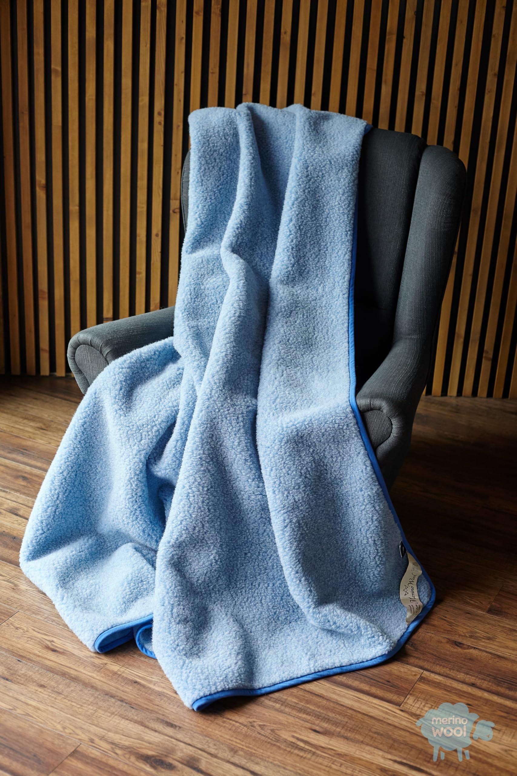 Merino Wool - Koc wełniany z merynosów ze 100% żywej wełny | Kocyk dziecięcy chłodzi latem i ogrzewa zimą | naturalny i reguluje temperaturę (niebieski, 140 x 100 cm)