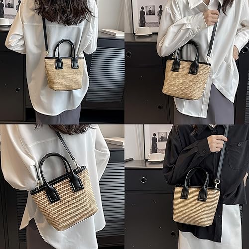 Miniatura 2 de Bolso cruzado tejido de paja pequeña para mujer, bolso con asa superior, bolsa de cubo con cremallera