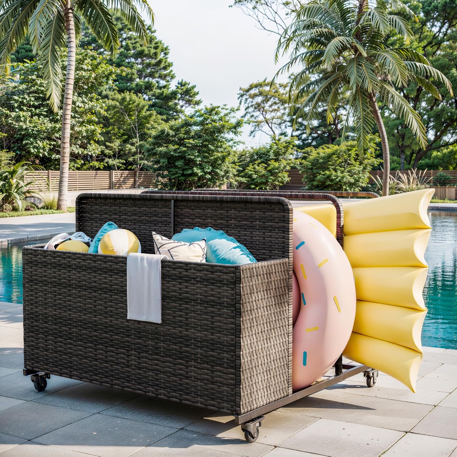 Rolling Poolside Float Storage, Pool Storage Bin, Outdoor Storage Organizer PE Rattan Pool Towel Rack for Floaties, Pool Accessories and Patio Furniture