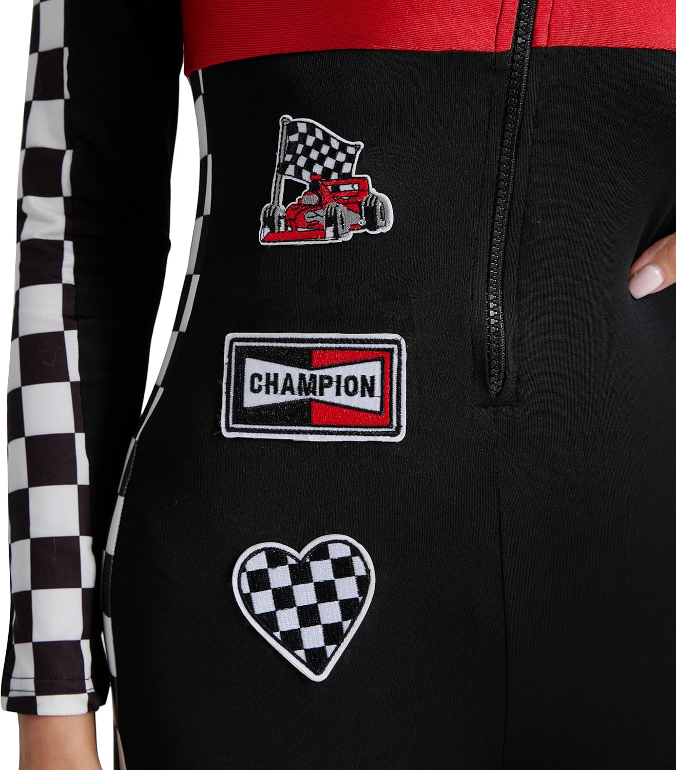 Maxim Party Supplies Women's Race Car Driver Costume, Black and Red Racing Jumpsuit with Checkered Pattern, Halloween Outfit - Image 6