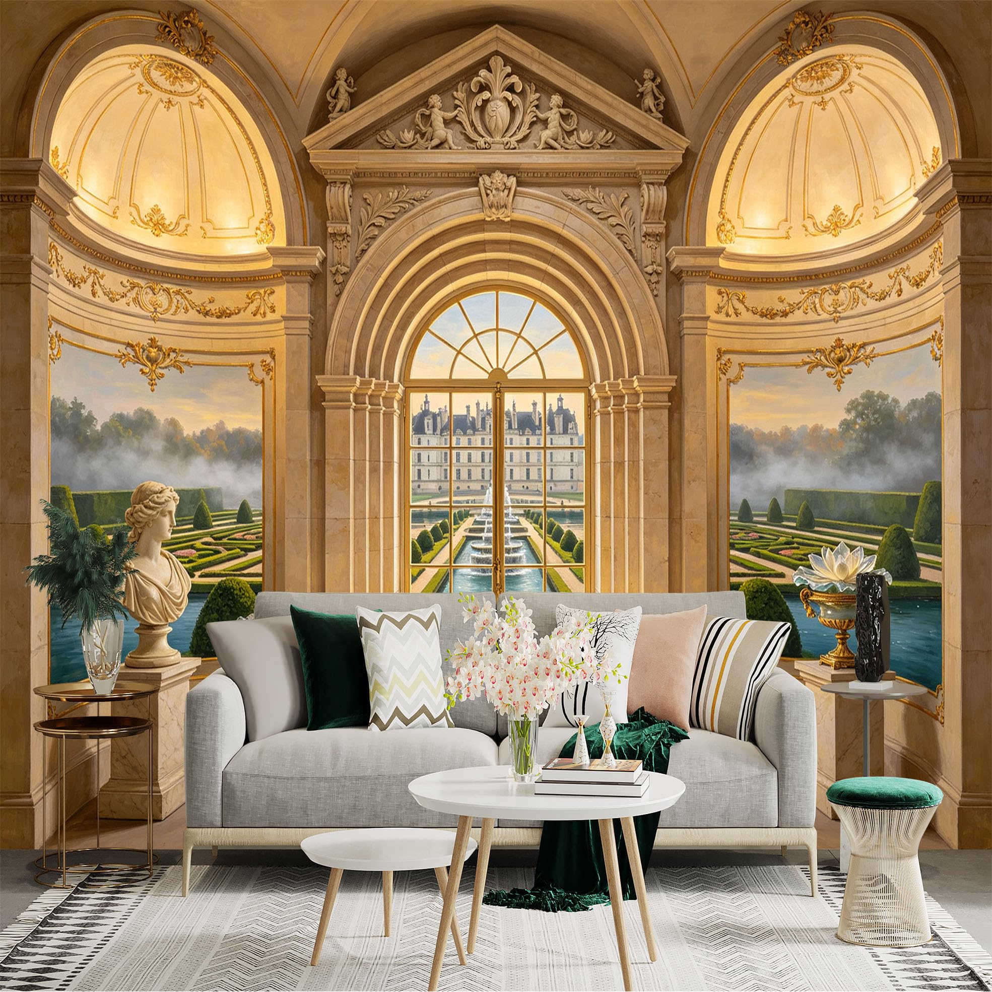 Custom Size Wall Sticker Mural， Classical Palace Archway and Garden View， for wall Decoration， peelandstick wall Decals.