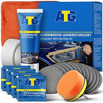 ATG Headlight Restoration Kit with Drill Adapter Car Headlight Cleaner and Repair Kit Removes Haze and Yellowing UV Protection