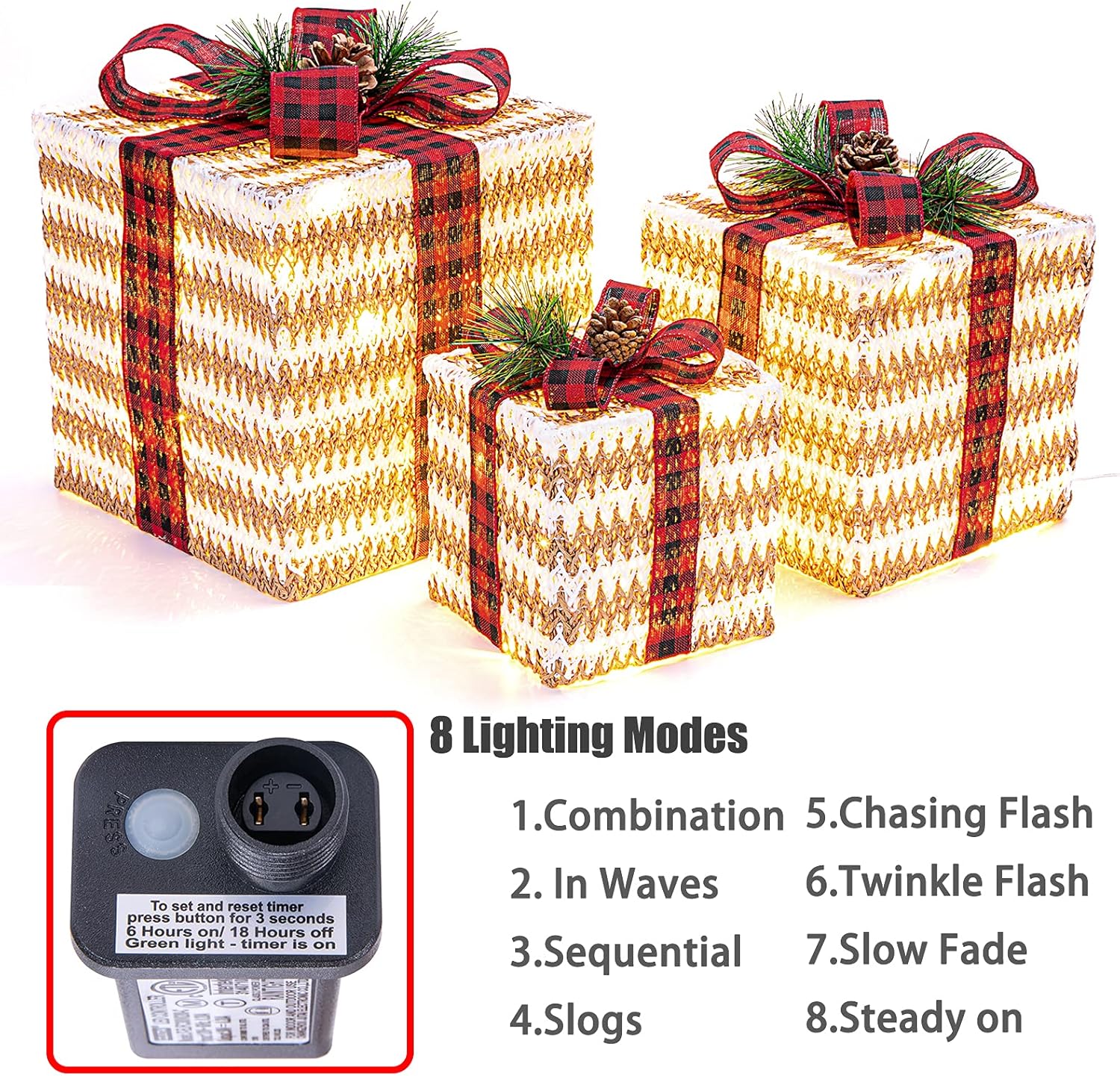 Sunnyglade 10"-8"-6" Set of 3 Christmas Lighted Gift Boxes Decoration Boxes with Plug, Bows, Artificial Pine Leaves and Pine Cones for Christmas, Weddings Yard Home Holiday Art Decoration