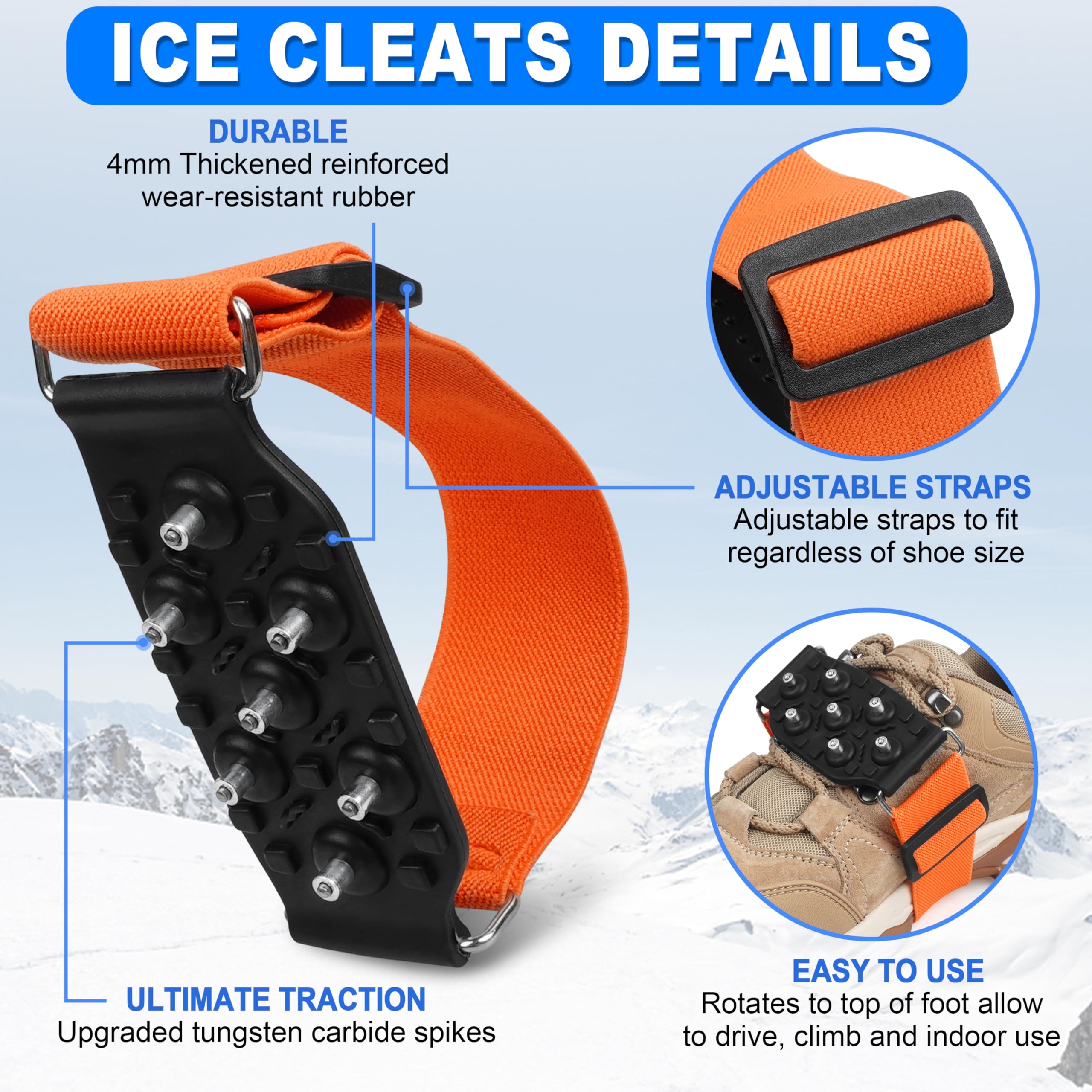 Mid-Sole Ice Cleats Crampons Snow Traction Cleats for Shoes and Boots Non-Slip Crampons with Adjustable Straps 7 Tungsten Studs for Secure Grip for Walking Jogging Hiking (Small/Medium, 1 Pair)