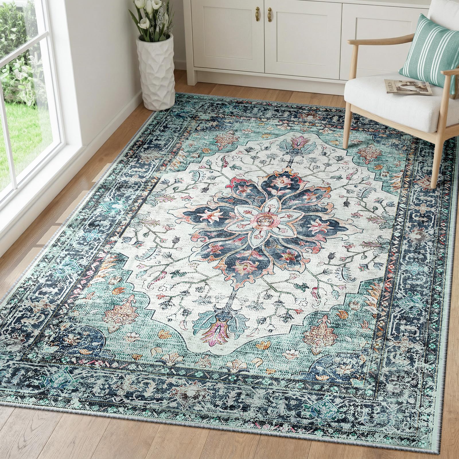 INOVADAY Machine Washable Rugs 90x150 cm Vintage Area Rug Low Pile Anti-Slip Carpet with Print Pattern for Living Room Bedroom Home Office Indoor Blue/Teal Green/Navy/Red — image 1
