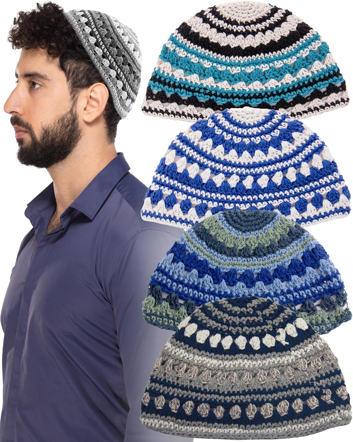 Pack of 4-Pcs - Hq 23cm/Large Size Mix Colors Handmade Frik Kippah for Men Boys and Kids, Yamaka Hat from Israel - Kippot Bulk (Mix 3)