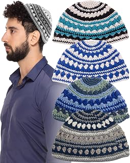 HolYudaica Pack of 4-Pcs - Hq 23cm/Large Size Mix Colors Handmade Frik Kippah for Men Boys and Kids, Yamaka Hat from Israel - Kippot Bulk (Mix 3)