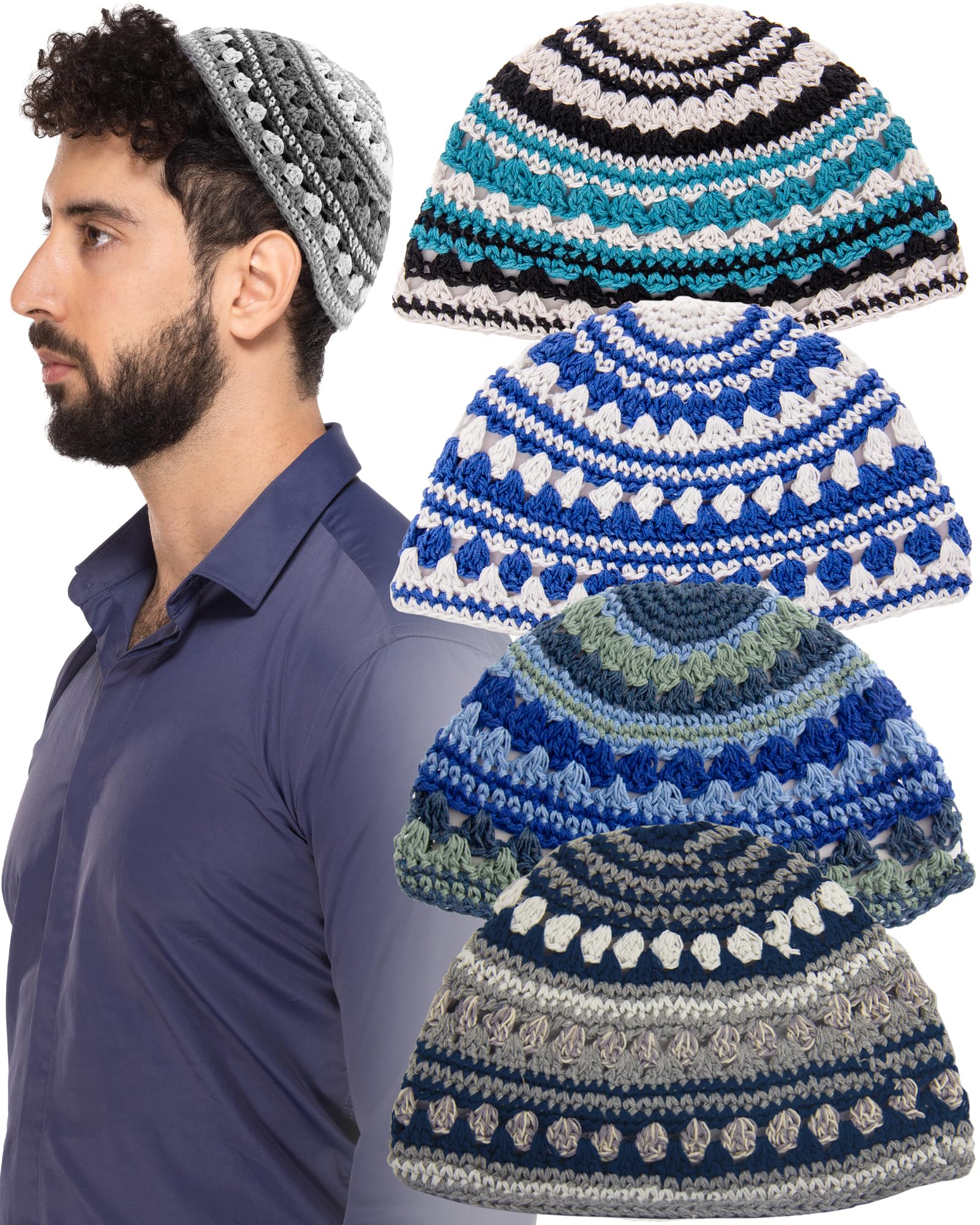 Pack of 4-Pcs - Hq 23cm/Large Size Mix Colors Handmade Frik Kippah for Men Boys and Kids, Yamaka Hat from Israel - Kippot Bulk (Mix 3)