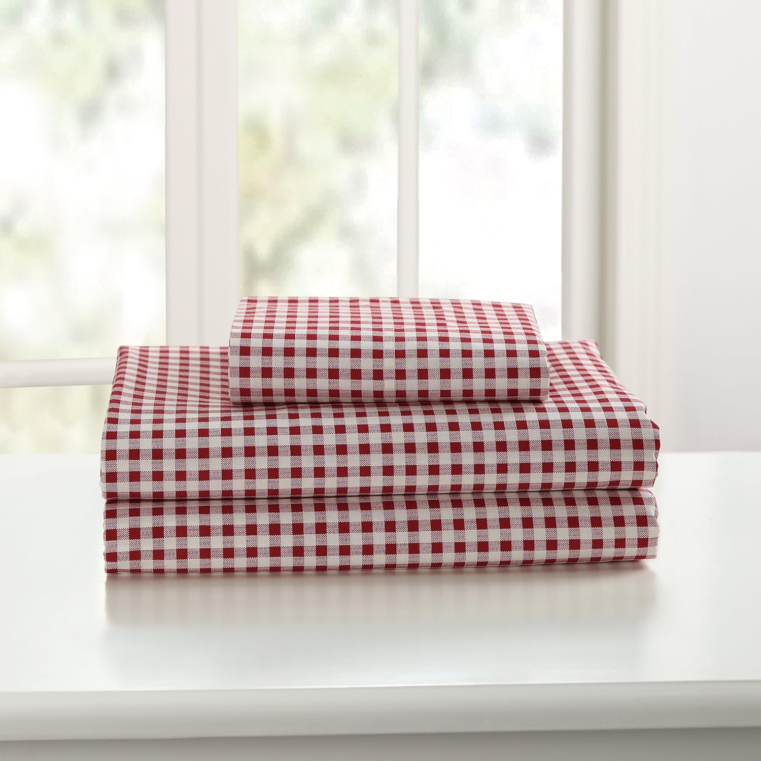 Laurel & Mayfair Classic 250tc 100% Cotton Gingham Checkered Print Sheet Set, Cool & Crisp Percale Weave, Queen, Navy