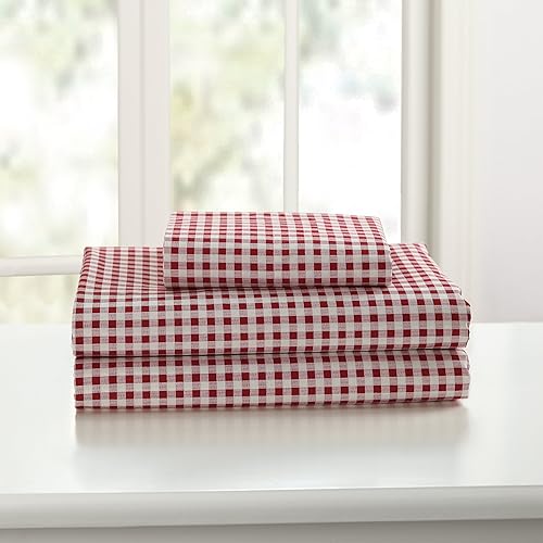 Miniatura 2 de Laurel & Mayfair Clásico 250tc Juego de sábanas 100% algodón con estampado de cuadros gingham, tejido de percal fresco y vigorizante, Queen, rojo