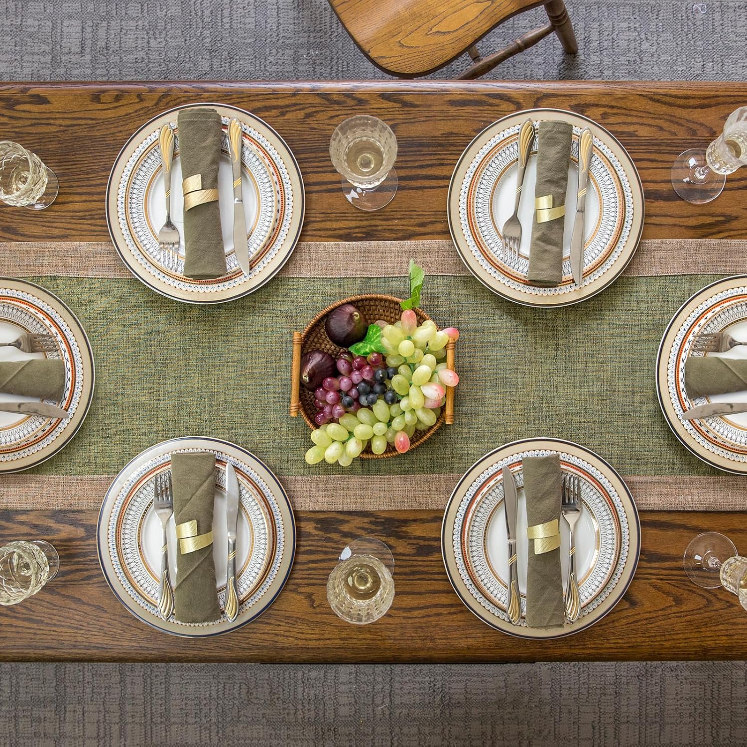 GLORY SEASON Solid Bordered Retro Table Runner Classic Textured Linen Style Rustic Washable Long Tablecloth Farmhouse Tea Table Runner Dresser Scarves for Kitchen Dining Room Olive Green 14x72 Inch