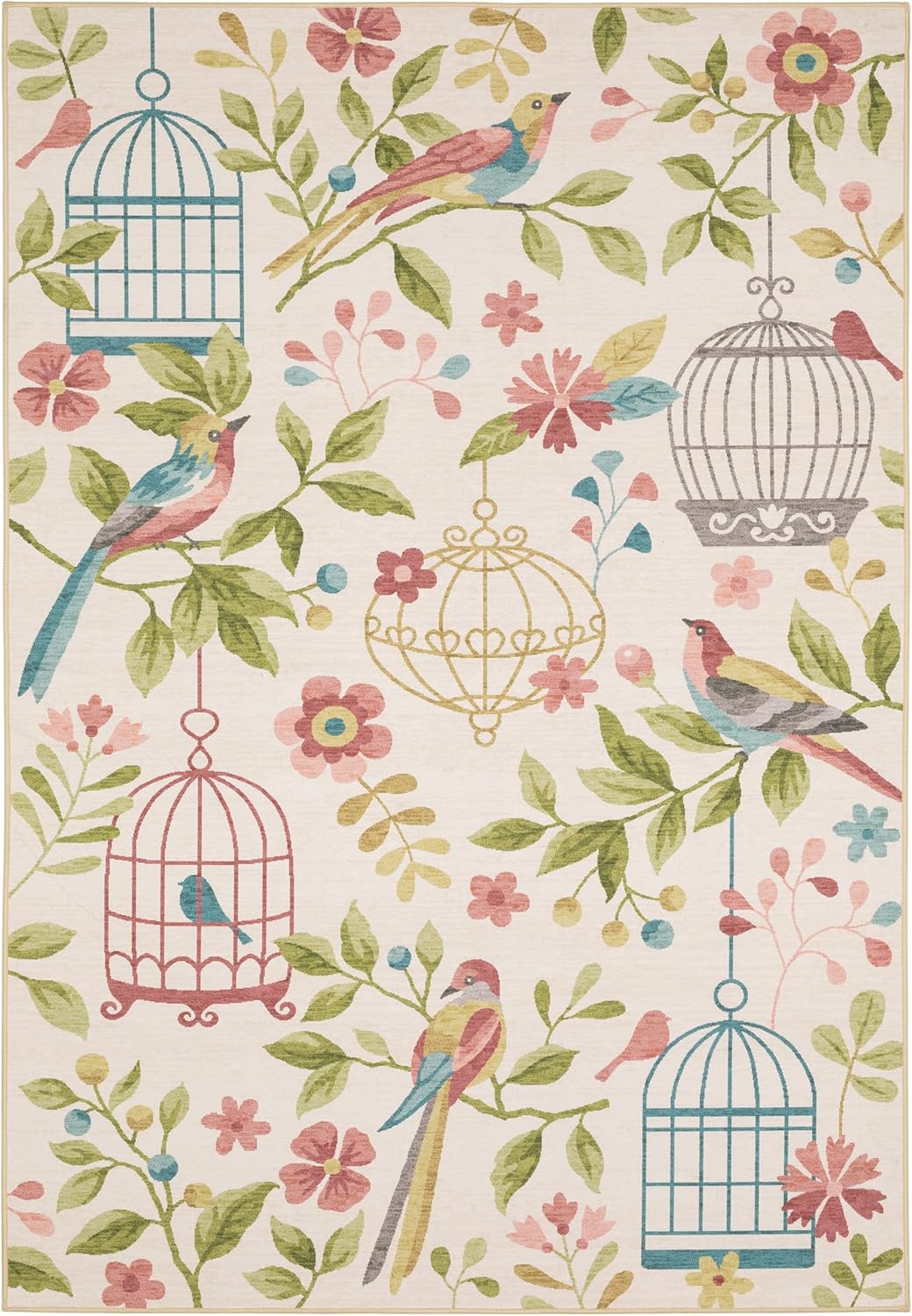 Oriental Weavers Fiji Washable Indoor/Outdoor Rug - FIJ05-7'6" x 10' - in Beige/Multi - Floral, Birds and Cages Pattern, Non-Slip, Stain Resitant, Ultra Low Pile, Patio, Outdoor Living Area Rug