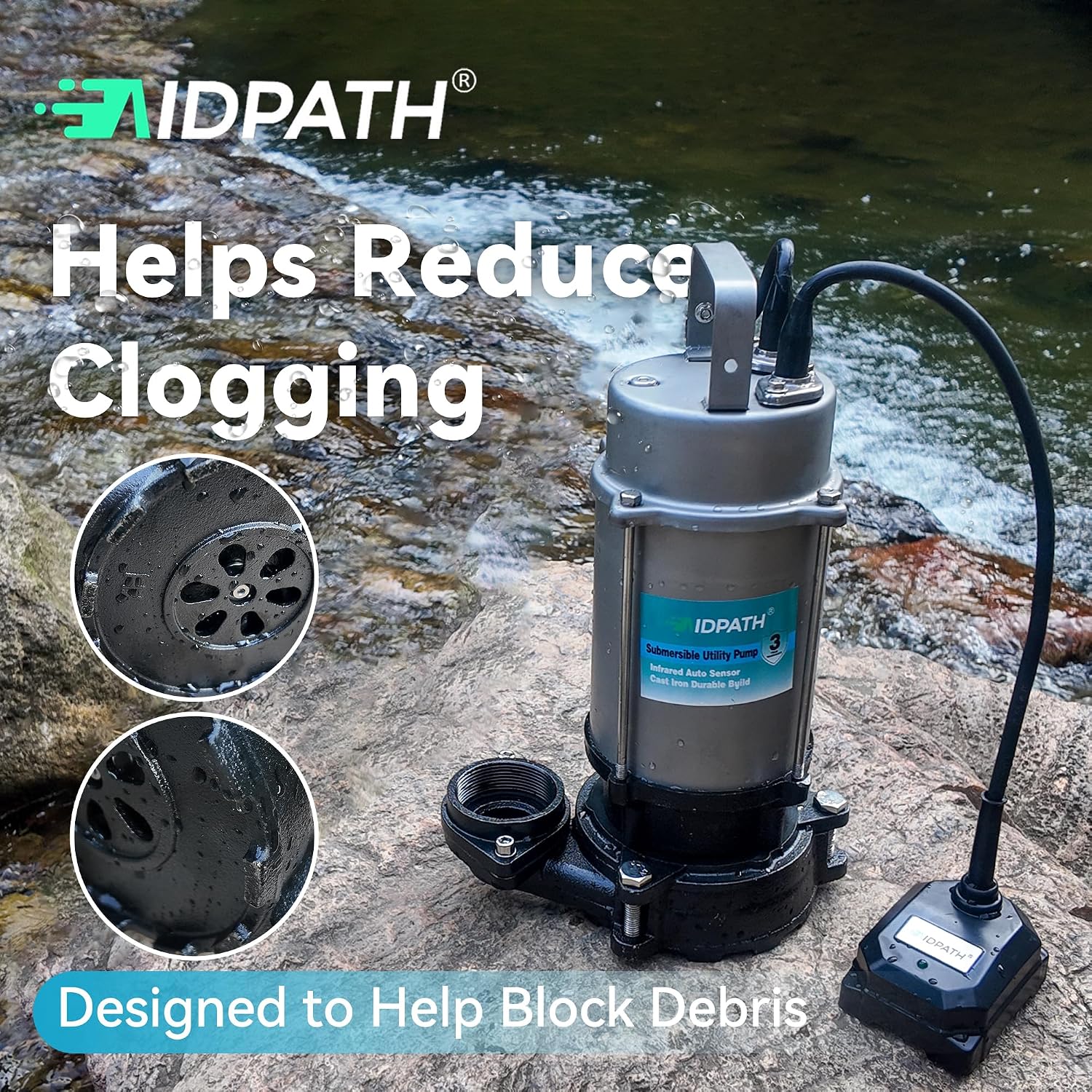 3/4 HP Pool Drain Pump, Auto On/Off Trash Pump, Drains to 0.35 in | 23 ft Power Cord, External Sensor, Outdoor Sump Pump, Low Water Removal, for Swimming Pools, Basement, Puddle, Yard Drainage
