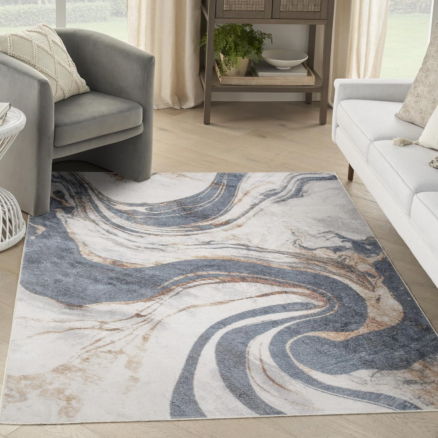 Nourison Home Astra Machine Washable Ivory Blue 5'3" x 7' Area Rug - Easy Clean, Non Shedding, Bed Room, Living Room, Dining Room, Kitchen (5' x 7')
