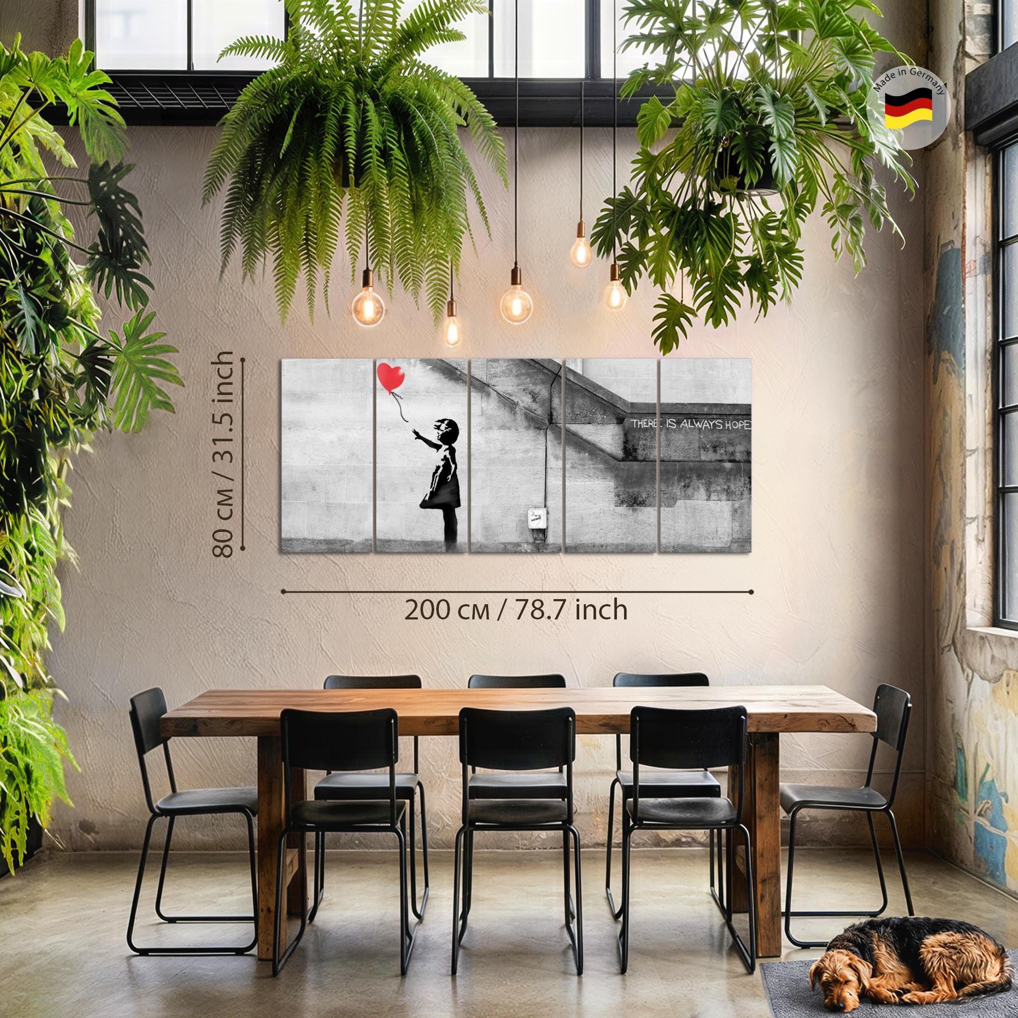 Runa Art Quadri XXL Banksy Palloncino Ragazza 200 x 80 cm Rosso 5 Pezzi - Made in Germany - 301655a