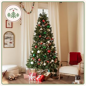 Treetopia Grand Evergreen Fir - Artificial Indoor Christmas Tree, Prelit with LED Clear Lights, Hinged Branches, Holiday Decor, 7ft