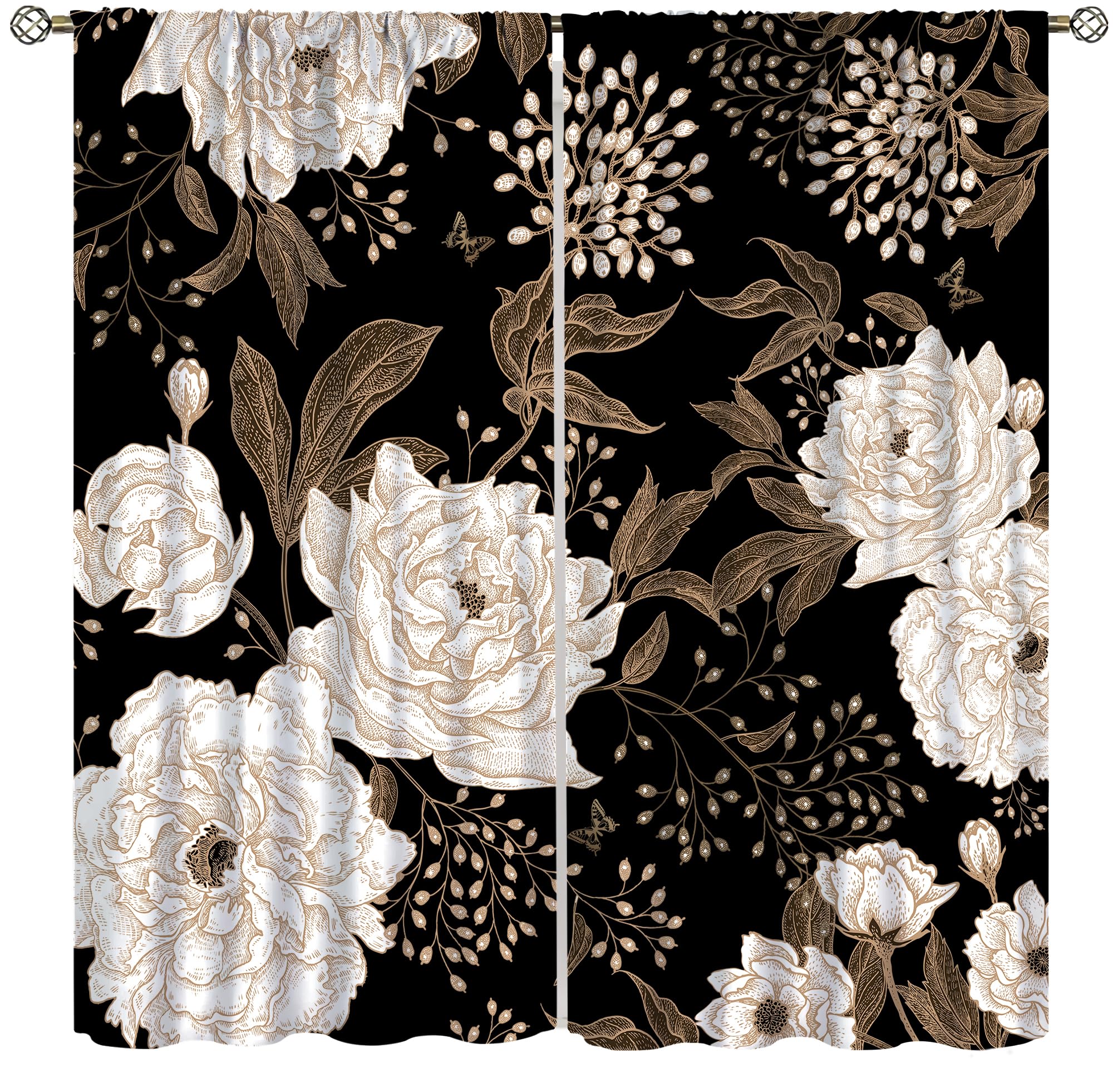 DKMQQUL Black Floral Curtains, Vintage Boho Black Gold Gothic Flowers Spring Rustic Botanical Plant Window Treatment for Bedroom Living Room Kitchen Drapes, 42x45 Inch