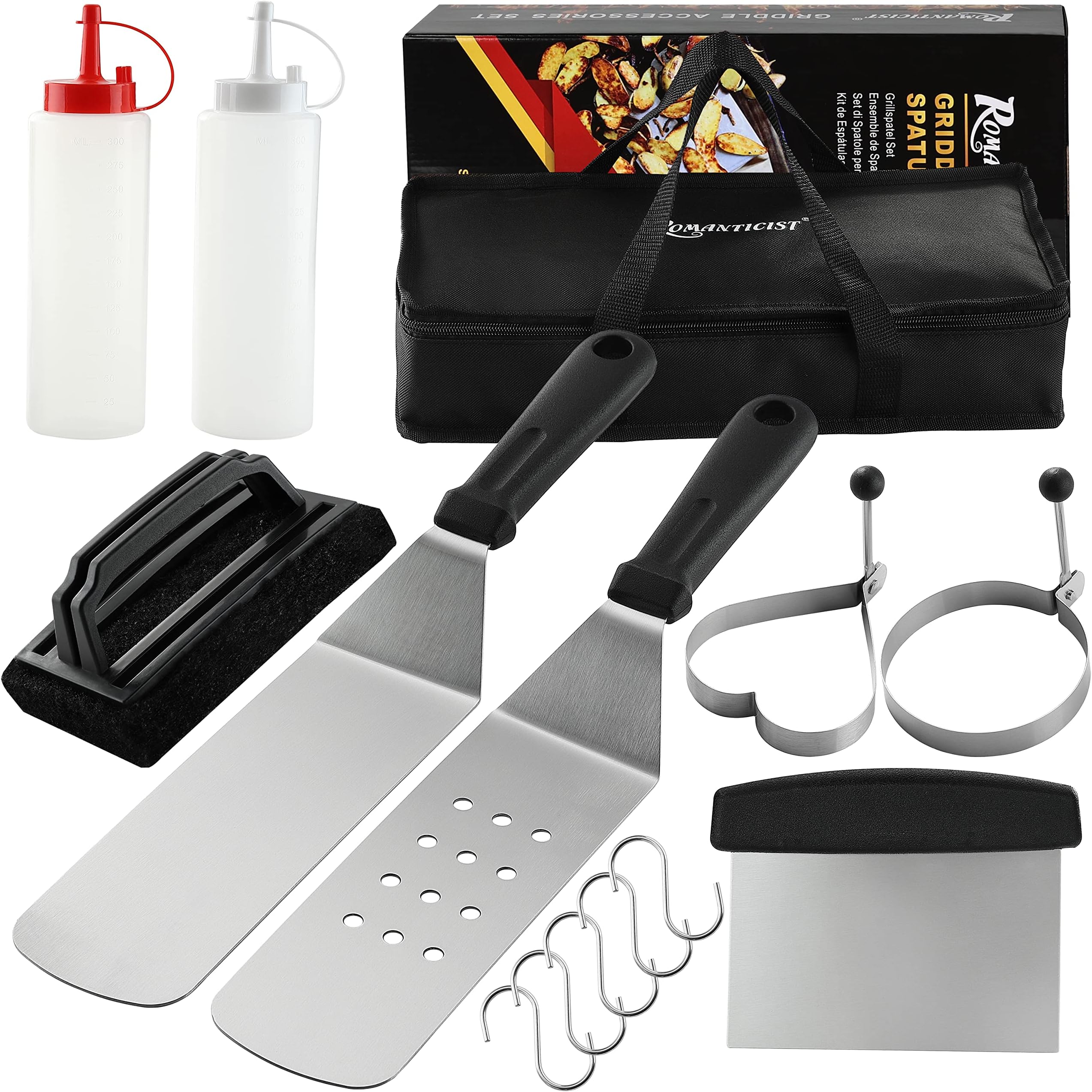Romanticist 14Pcs Griddle Accessories Kit Flat top Griddle Tools Professional Heavy Duty Grill Spatula Accessories Set, Griddle Cleaning Kit Carry Bag for Outdoor Barbecue and Teppanyaki