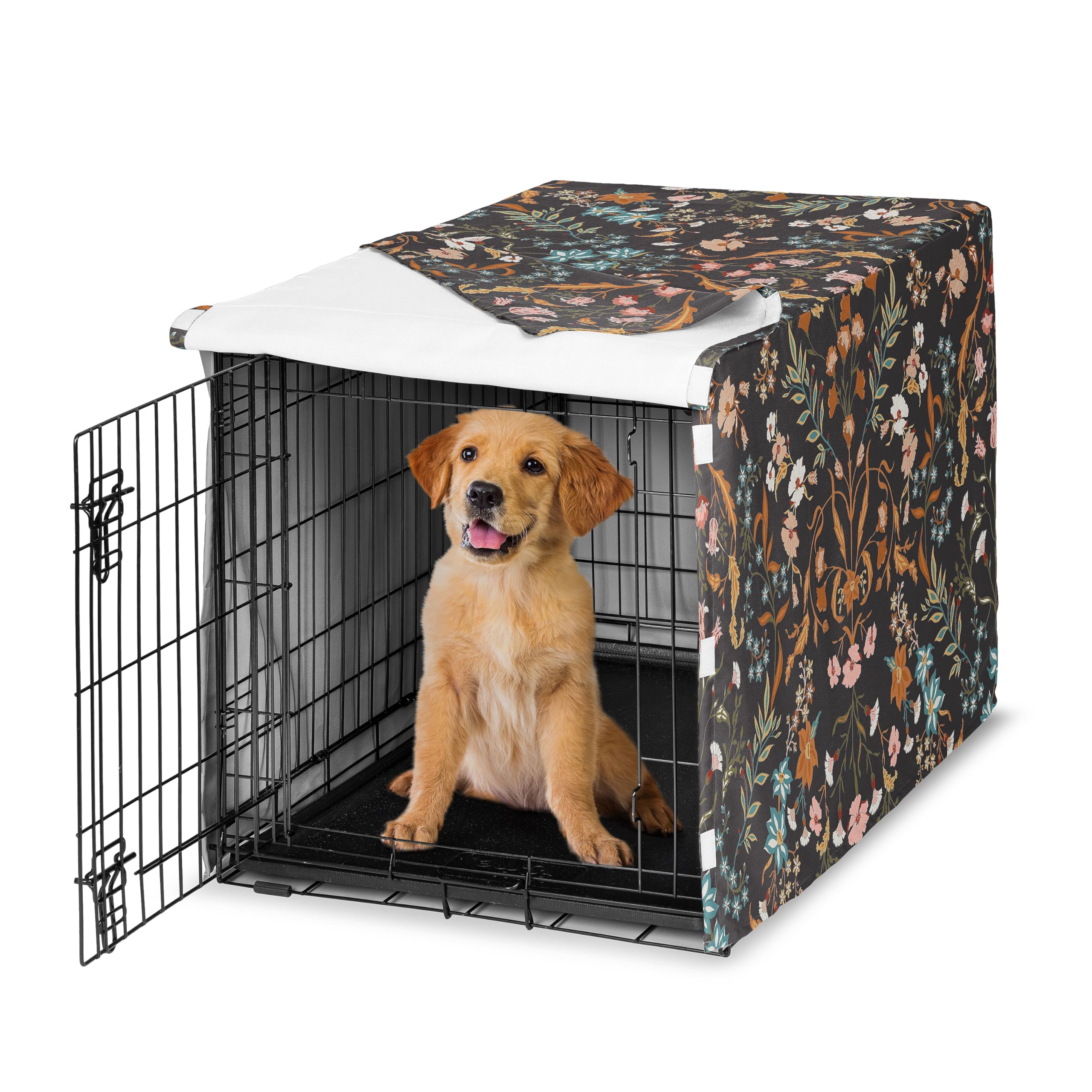 Sweet Jojo Designs 36in. Medium Dog Crate Cover (Black Boho Wildflower) Pet Cage, Kennel Covers (Vintage, Floral, Leaves, Botanical, Paisley, Flower, Bohemian, Farmhouse, Orange, Teal Blue, Turquoise)