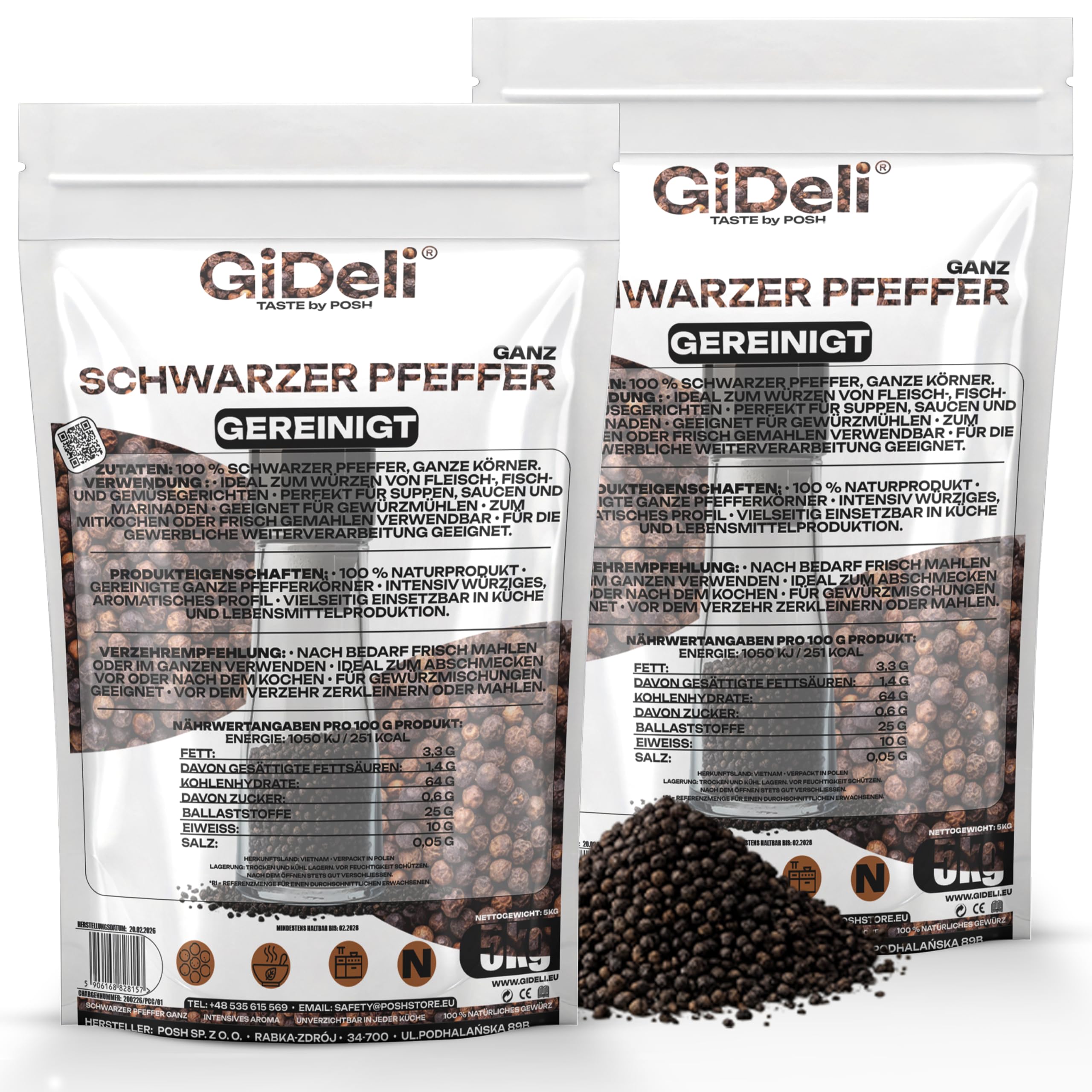 GiDeli Schwarzer Pfeffer Ganz 2 x 5kg - Pfefferkörner - Perfekt für Suppen, Saucen und Marinaden - Für Pfeffermühle geeignet - Aromatisch und Vielseitig - 100% Naturrein ohne Zusätze
