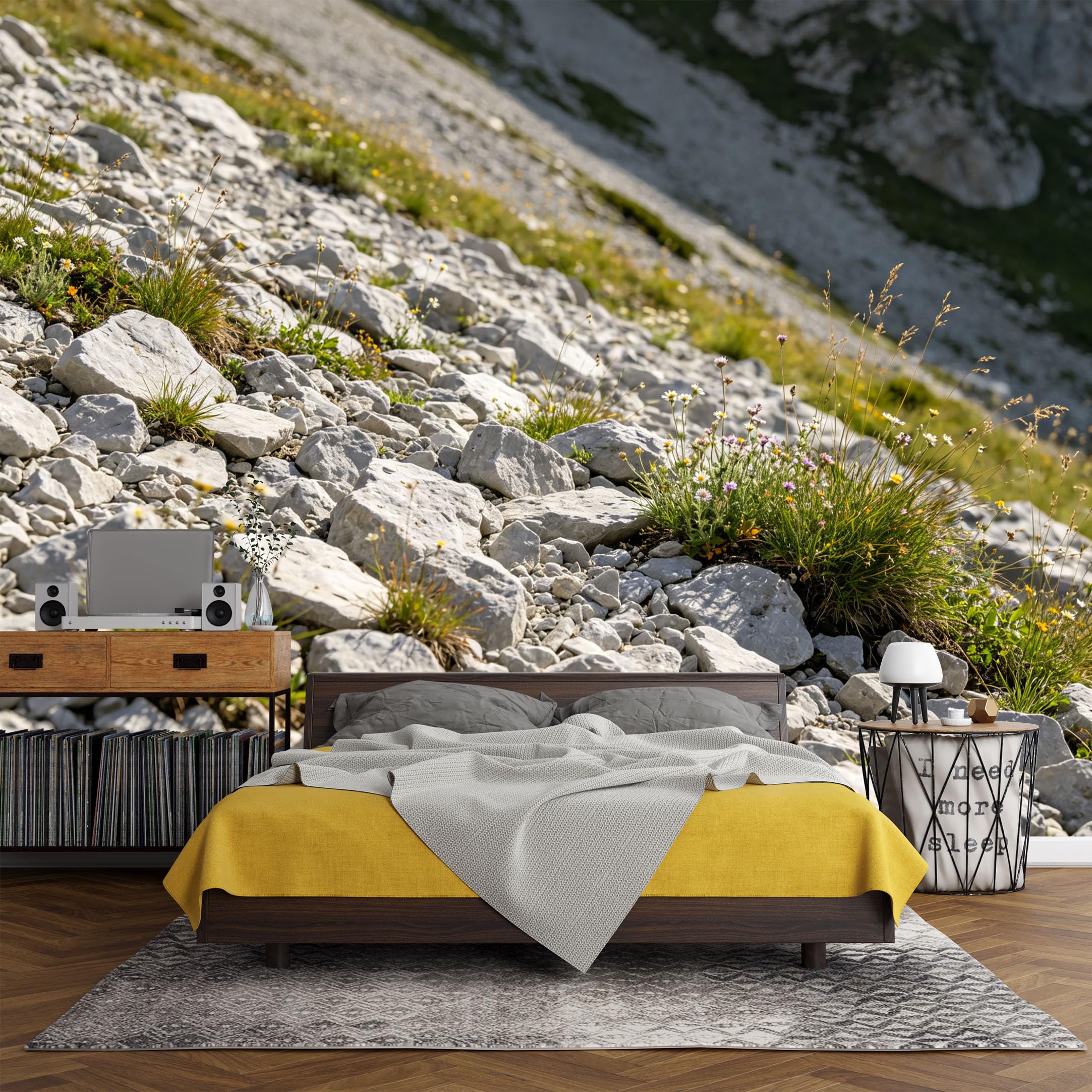 Custom Size Wall Mural， Mountain Rocky Meadow Wildflowers Landscape Nature Scenery，SelfAdhesive Art Prints wall Fabric (No PVC) Removable Wallpaper Living Room Decor