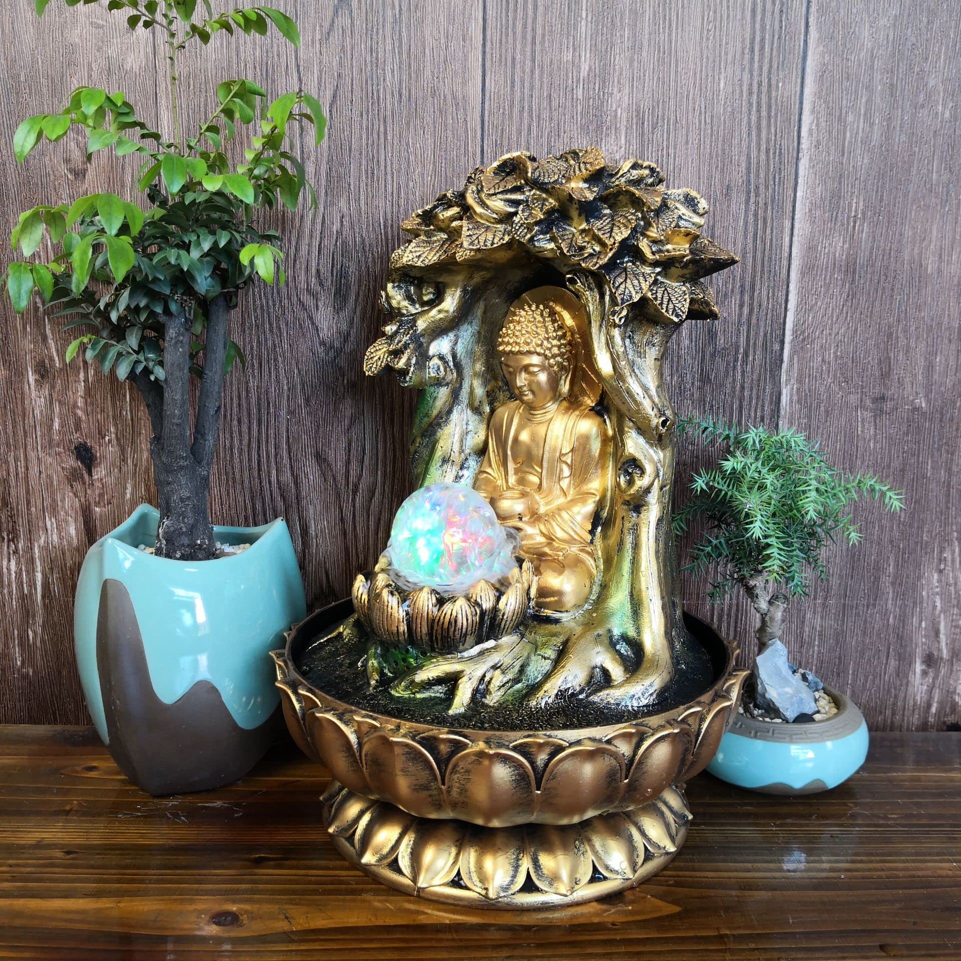 Fontanna dekoracyjna do wnętrz i ogrodu, dekoracyjny wodospad, z żywicy syntetycznej, motyw: Budda, z oświetlenie LED, obracająca się kula, Feng Shui, Zen, do biura, sypialni, ogrodu