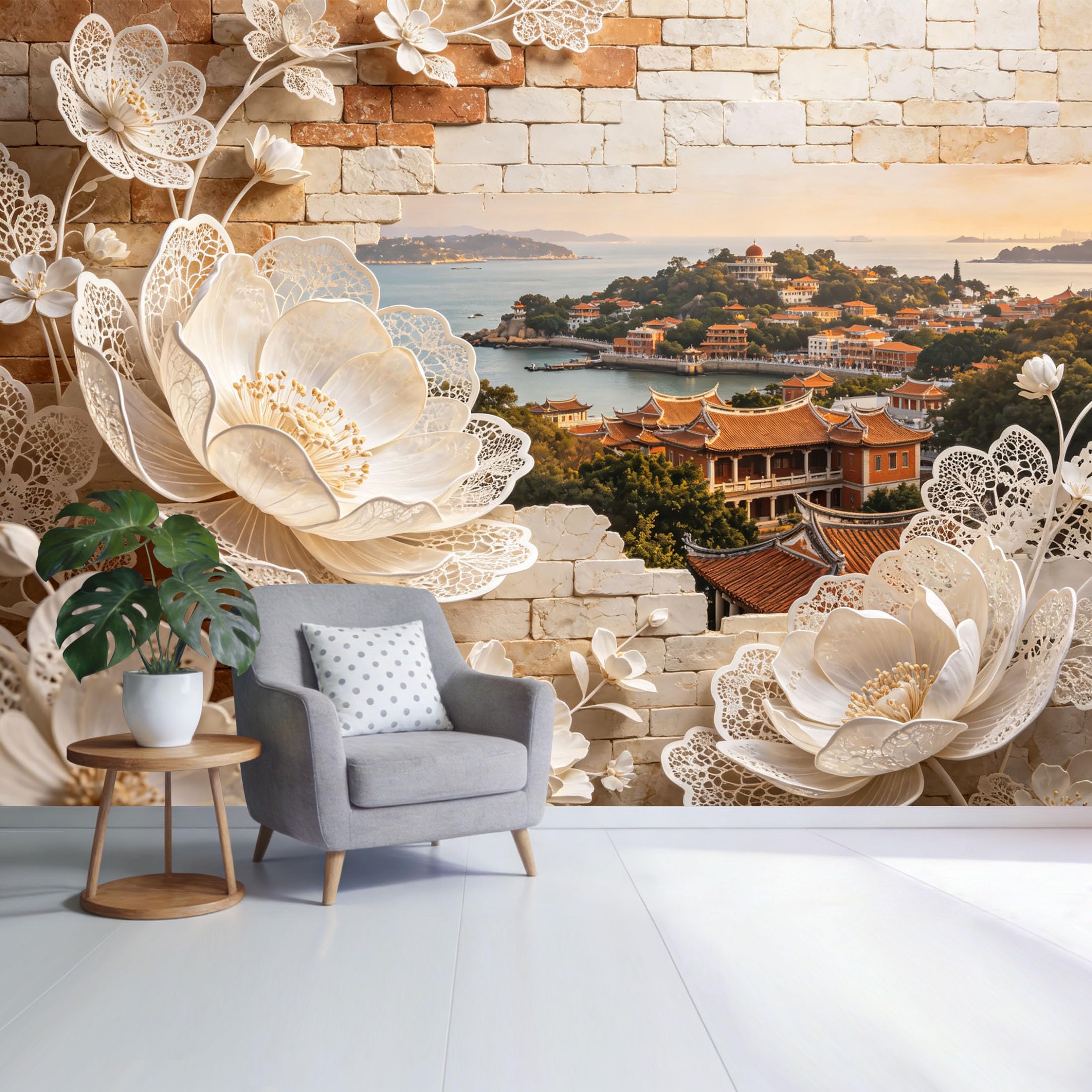 Custom Size Wall Mural Coastal Landscape Paper Flower Relief with Oriental Architecture Ocean View SelfAdhesive Wall Fabric Removable Wallpaper for Home Office Decor