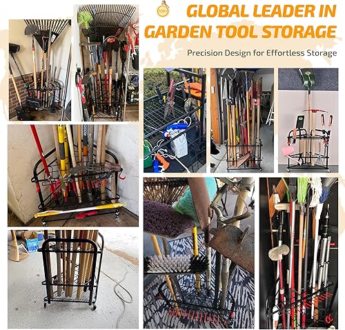 Vista 3 de PLKOW Organizador de herramientas de jardín con ruedas y ganchos de almacenamiento, estante de almacenamiento de herramientas de esquina enrollable
