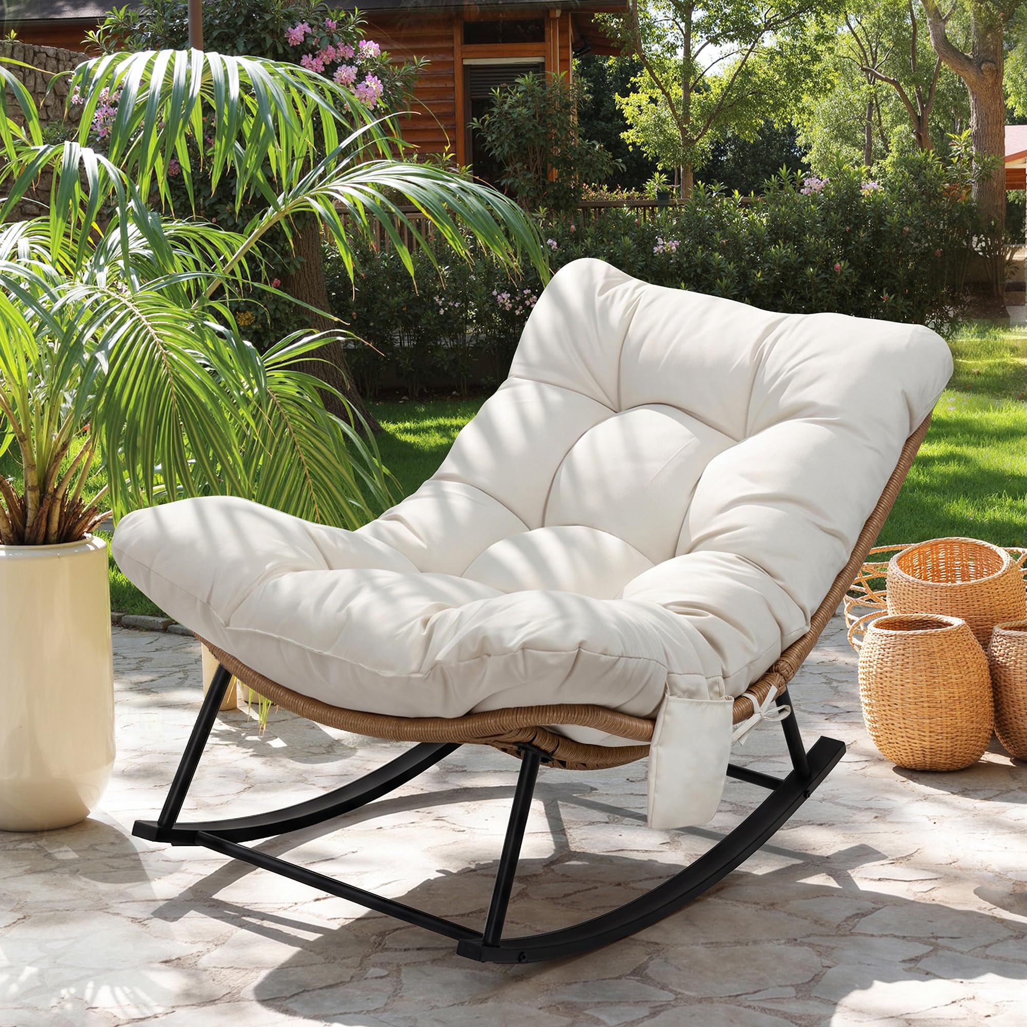 Vongrasig Wicker Rocking Chair with Cushion, Outdoor Oversized Rattan Chair