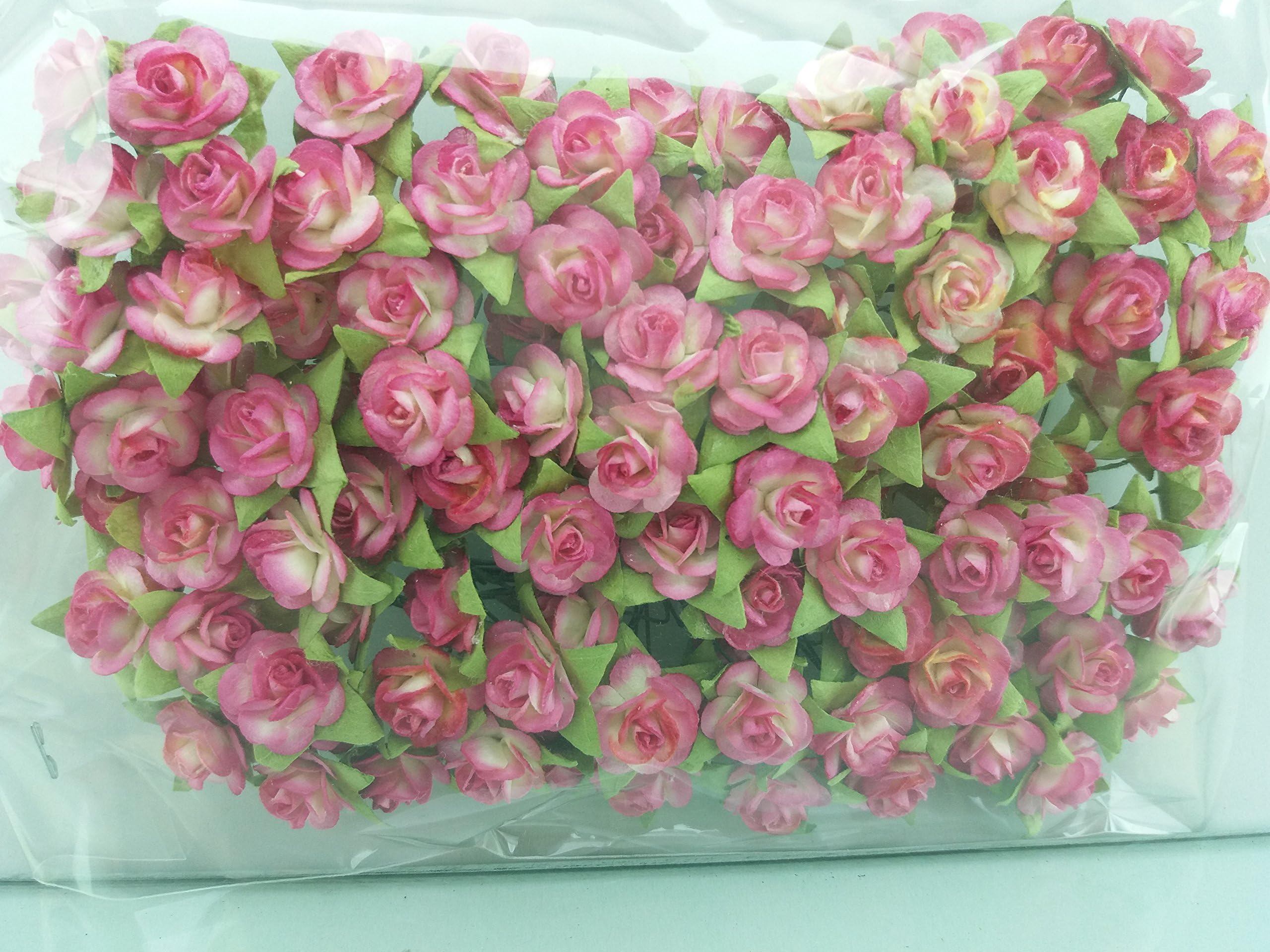 100 Cerise & White Rose Mulberry Paper Flower Scrapbook Wedding Craft 1.5cm