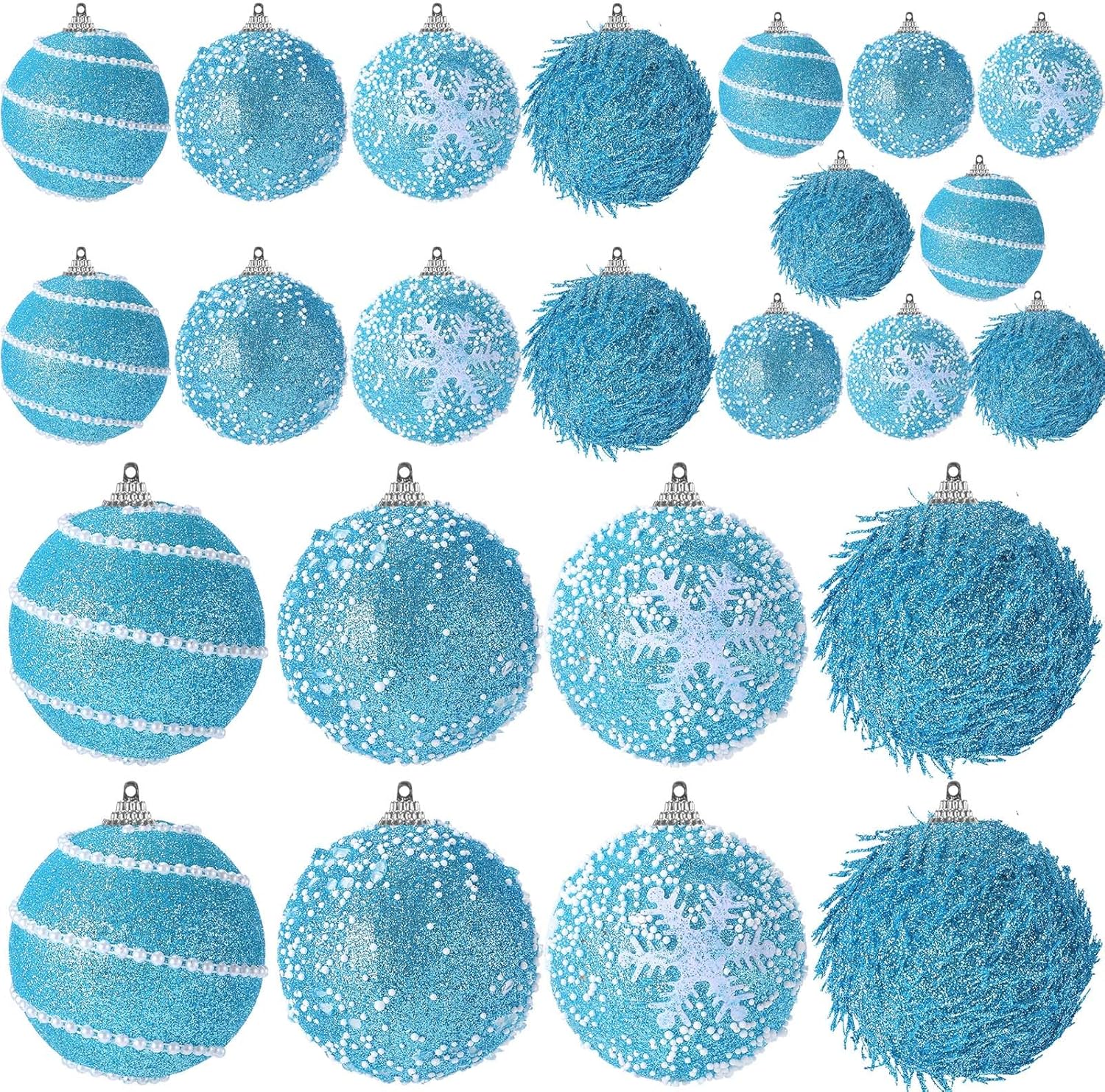 24 Pcs Glitter Christmas Tree Ornaments, Assorted Sizes Sequin Snowflake Shatterproof Christmas Ball Hanging Ornament Set for Xmas Holiday Party New Year Home Decorations(Light Blue)