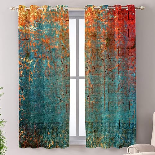 Shrahala Cortinas opacas de pintura verde grunge, con aislamiento térmico de tinta sólida azul, con ojales en la parte superior, para sala de estar,