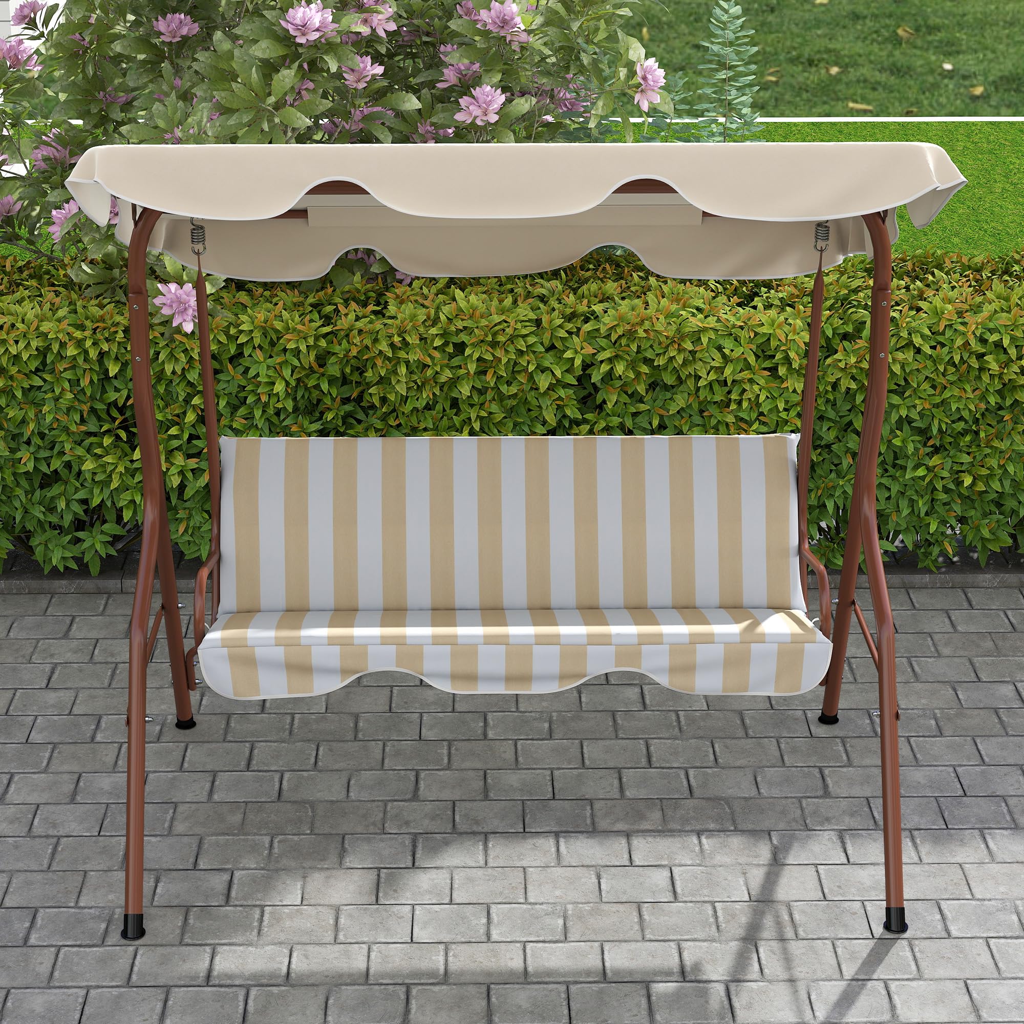 Outsunny Balancelle de Jardin 3 Places Toit imperméabilisé Inclinaison réglable Acier Polyester Marron crème rayé