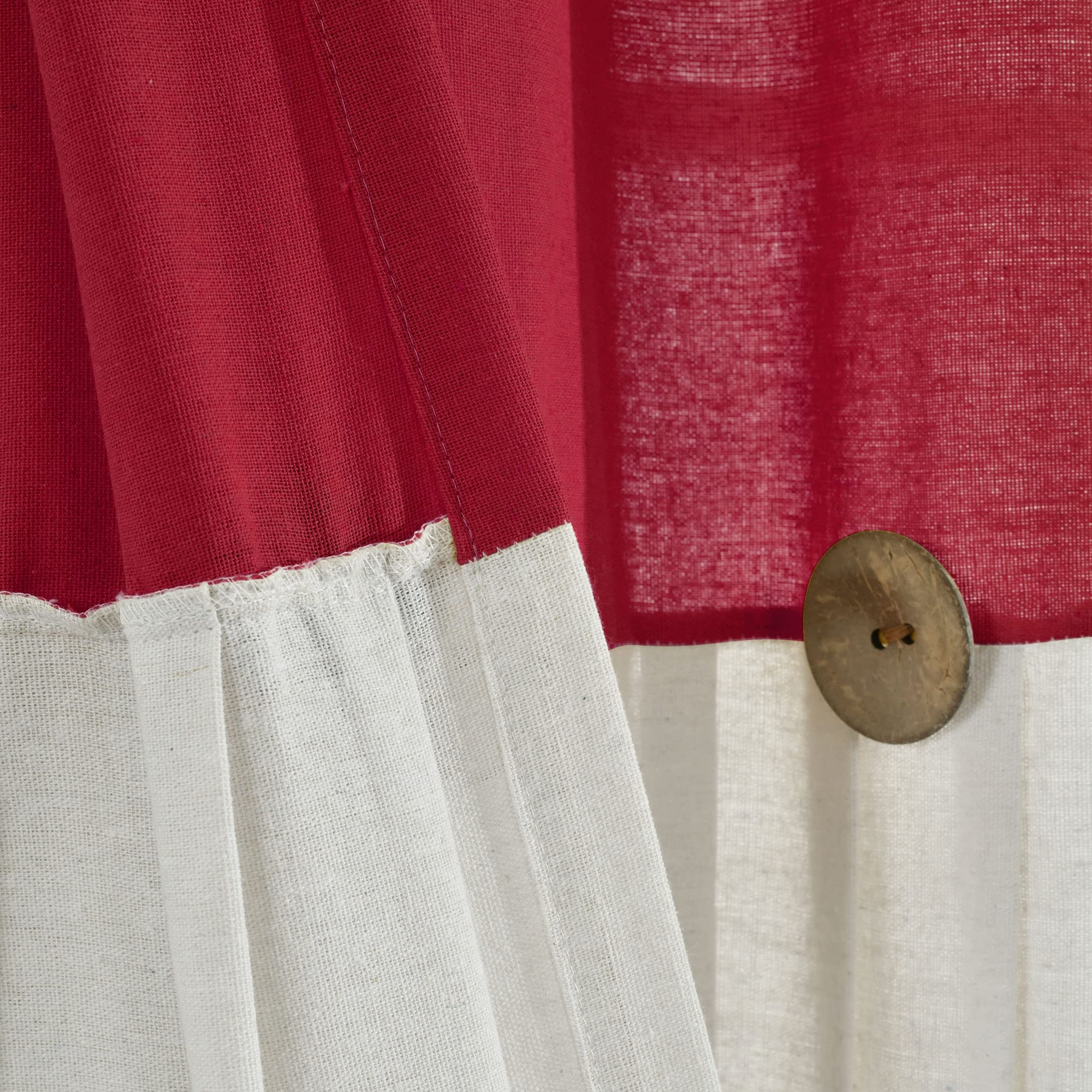 Lush Decor Linen Button Farmhouse Curtains, Single Panel, Pleated Two Tone Design 40" W x 84" L, Red & Off-White - Image 3
