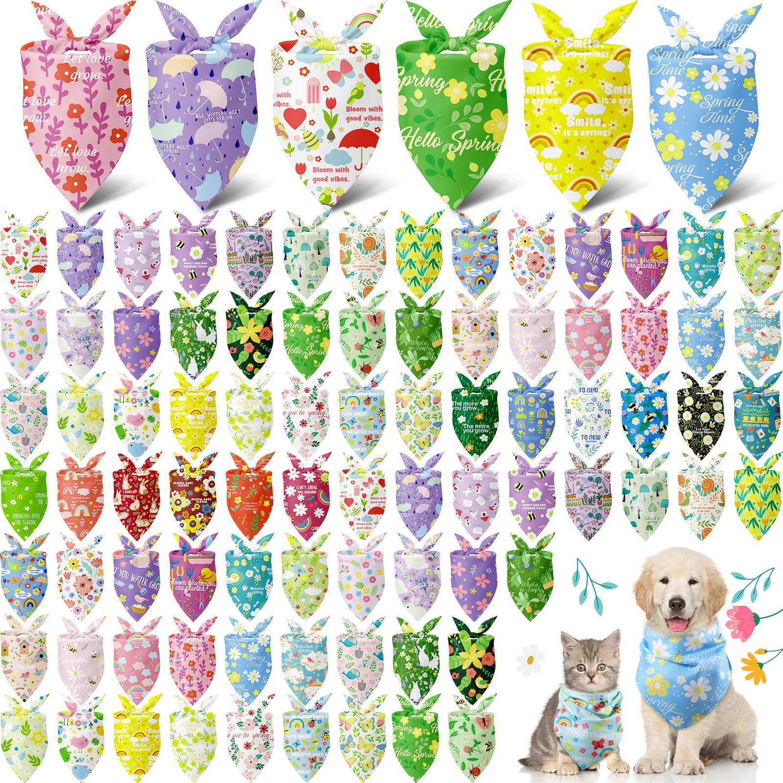100 Pcs Spring Dog Bandanas Bulk Summer Flower Dog Scarf Triangle Pet Bandanas Adjustable Washable Puppy Costume Accessories