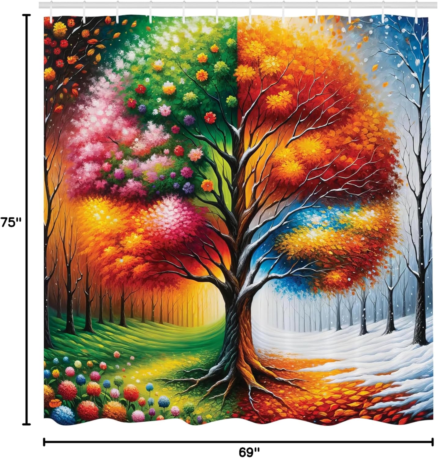 Ambesonne Colorful Shower Curtain, Dreamy Artwork of 4 Season with Winter Woods and Meadow Floral Ornate, Cloth Fabric Bathroom Decor Set with Hooks, 69" W x 75" L, Burnt Orange Fern Green