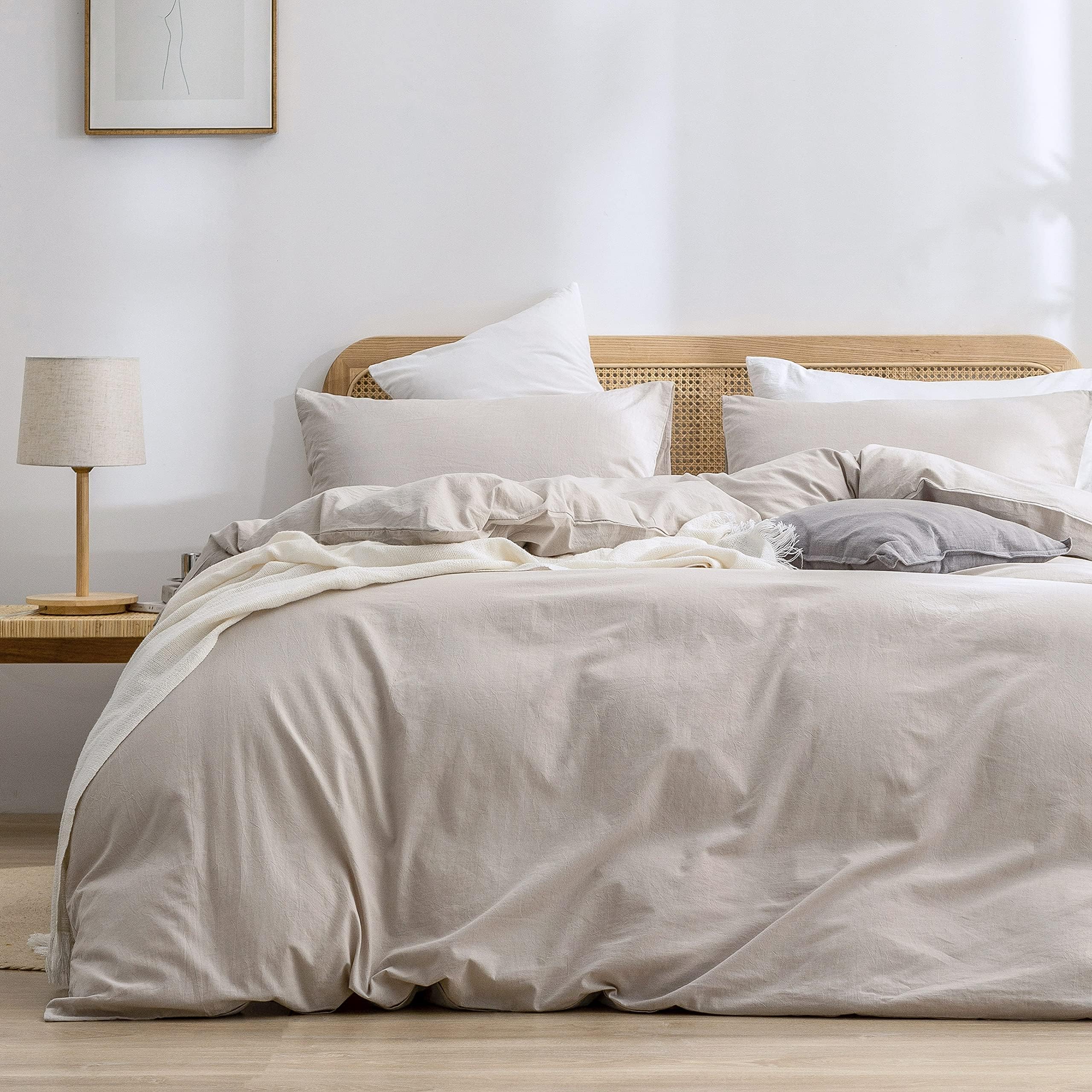 BESTOUCH Cotton Solid Duvet Cover Set Linen Feel Linen Grey Oversized Full