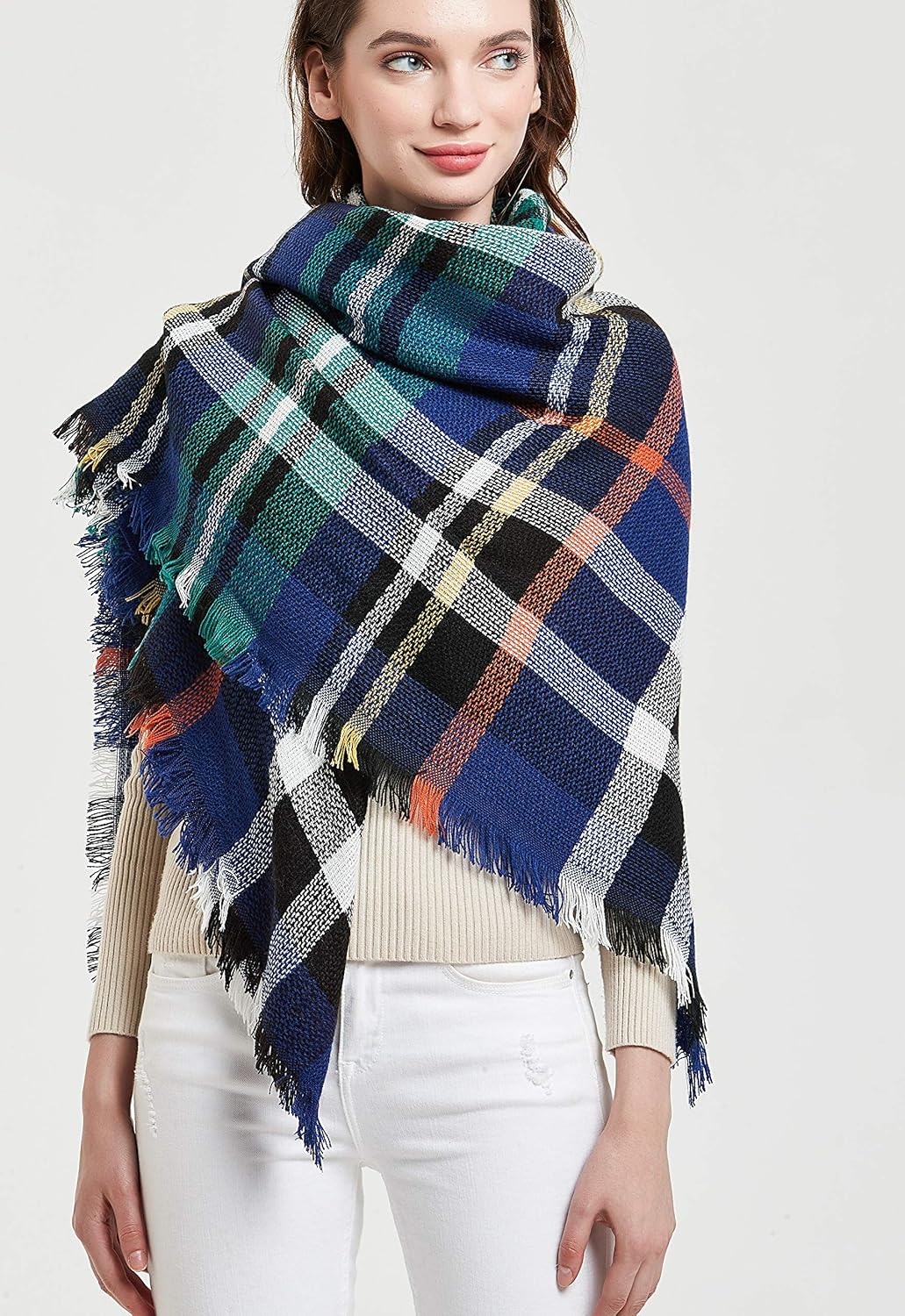 Wander Agio Womens Warm Blanket Scarf Square Winter Shawls Large Infinity Scarves Stripe Plaid Scarf - Image 5