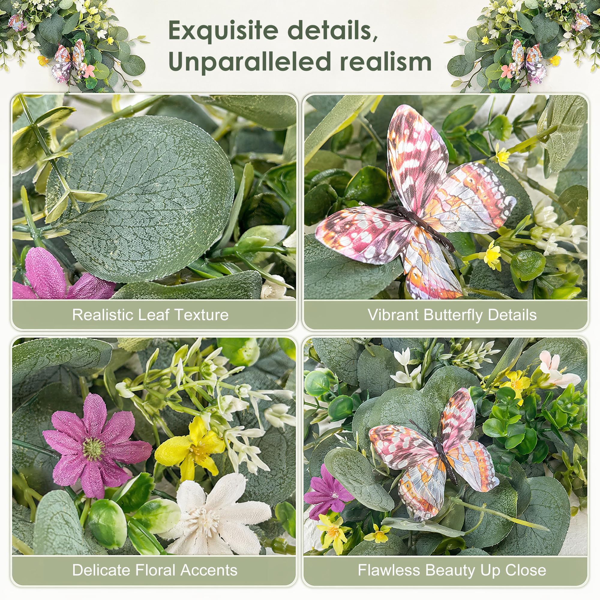 4 Pièces Guirlande Fleurs Artificielles 1.8m avec Fleurs Blanches et Papillons 3D Guirlande Eucalyptus Plante Artificielle de Fleur Fausse Plantes pour Murale Mariage à Maison Décoration