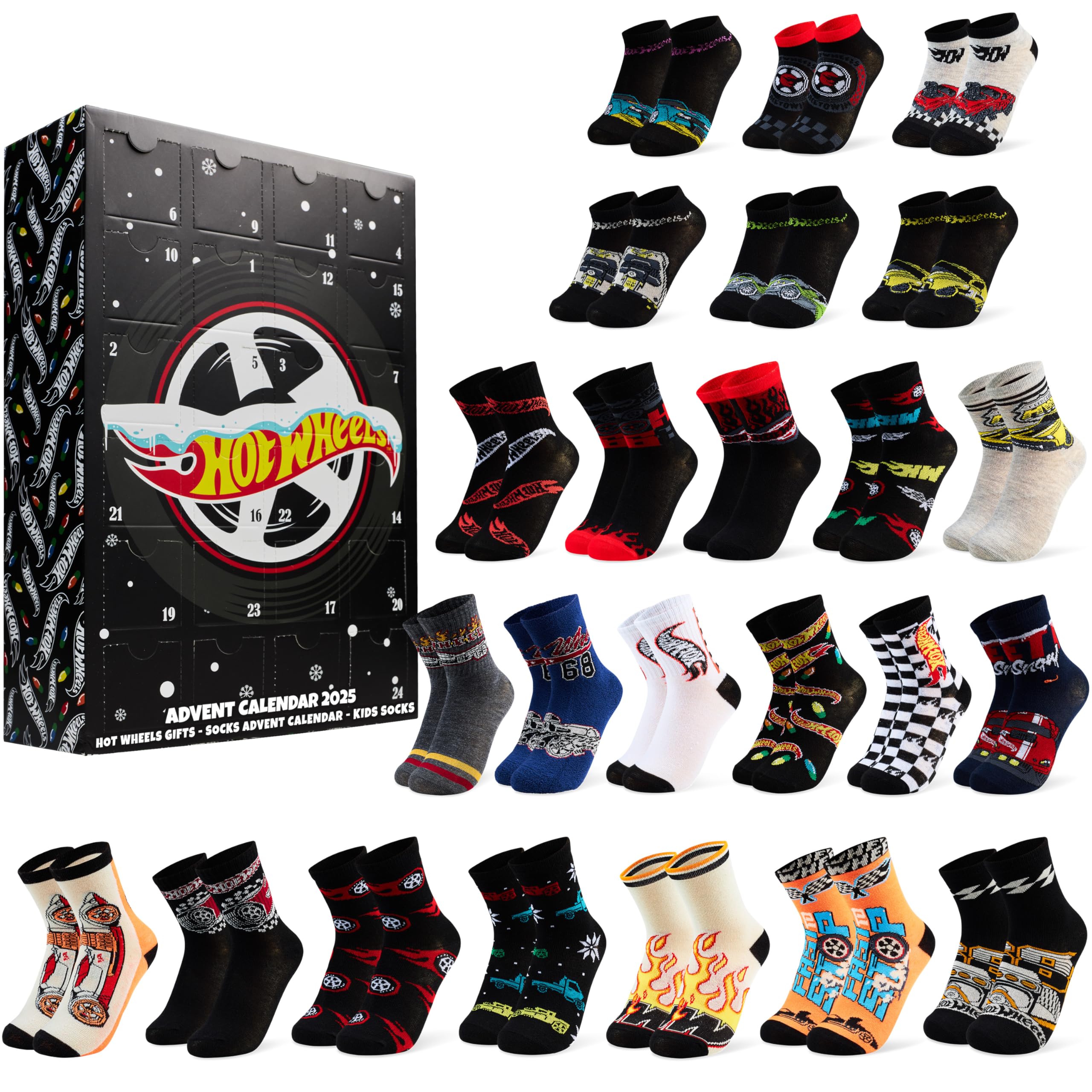 Get Trend Hot Wheels Socken Adventskalender Kinder 2025, 24 Paar, 27-32, Bequem & Weich, Countdown Weihnachten Kalender, Gamer Geschenke für Jungs (Schwarz Hot Wheels)