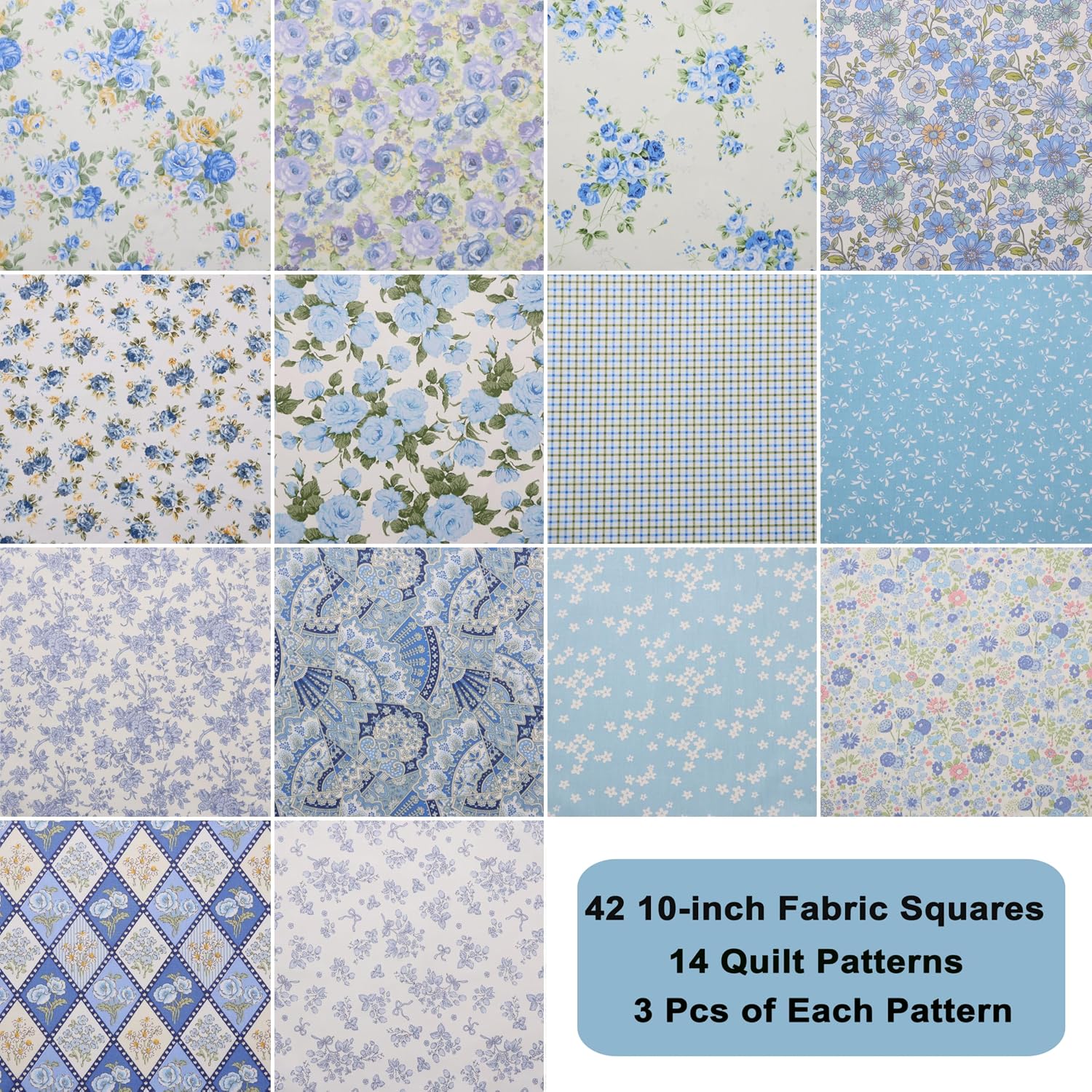 42 Pcs Blue Quilting Fabric Squares 10 x 10 Inch Cotton Precut
