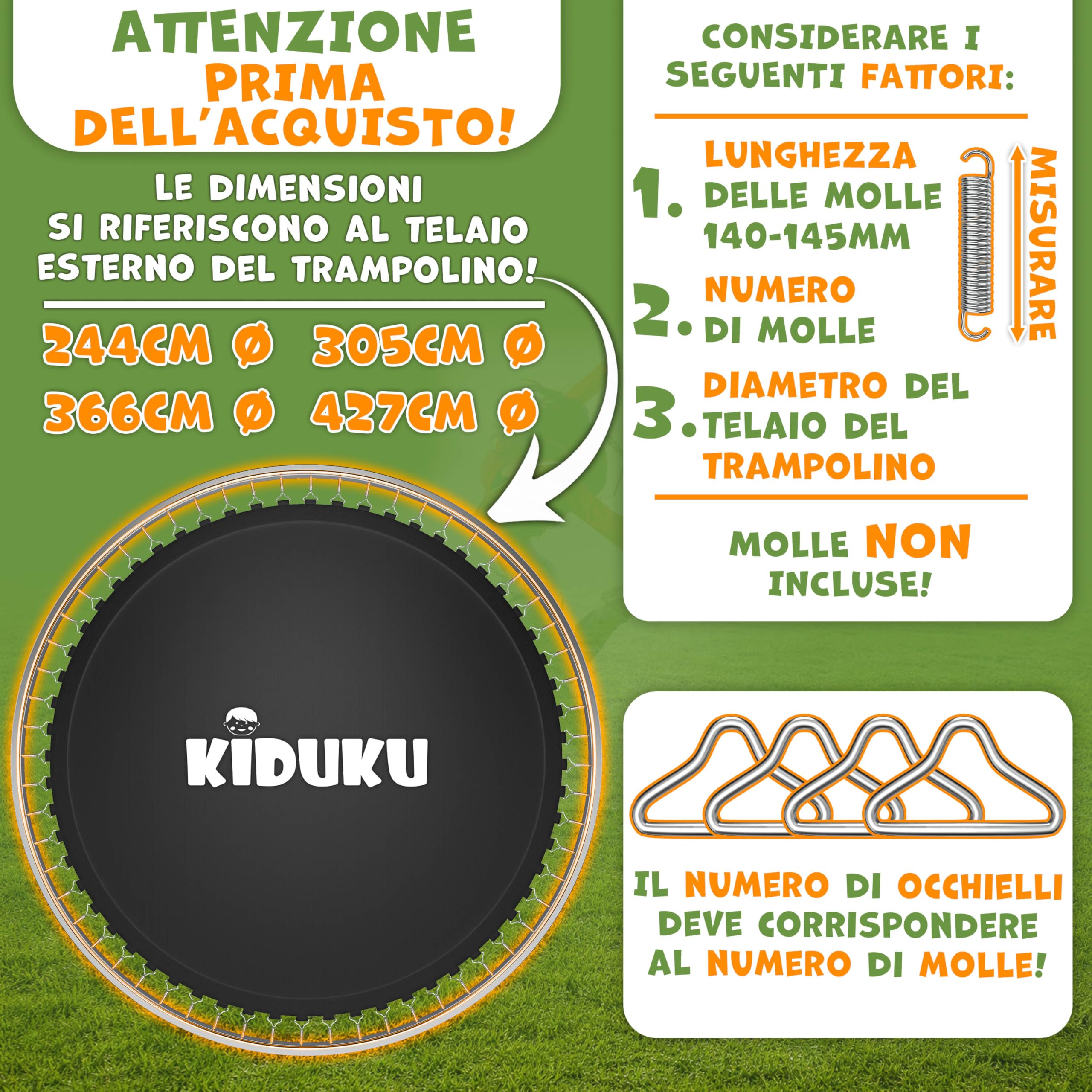 KIDUKU Trampolino elastico Ø 244 305 366 427 cm | tappetino di ricambio 48 – 96 occhielli resistenti ai raggi UV e alle intemperie | accessori tappetino di ricambio per trampolino da giardino | panno
