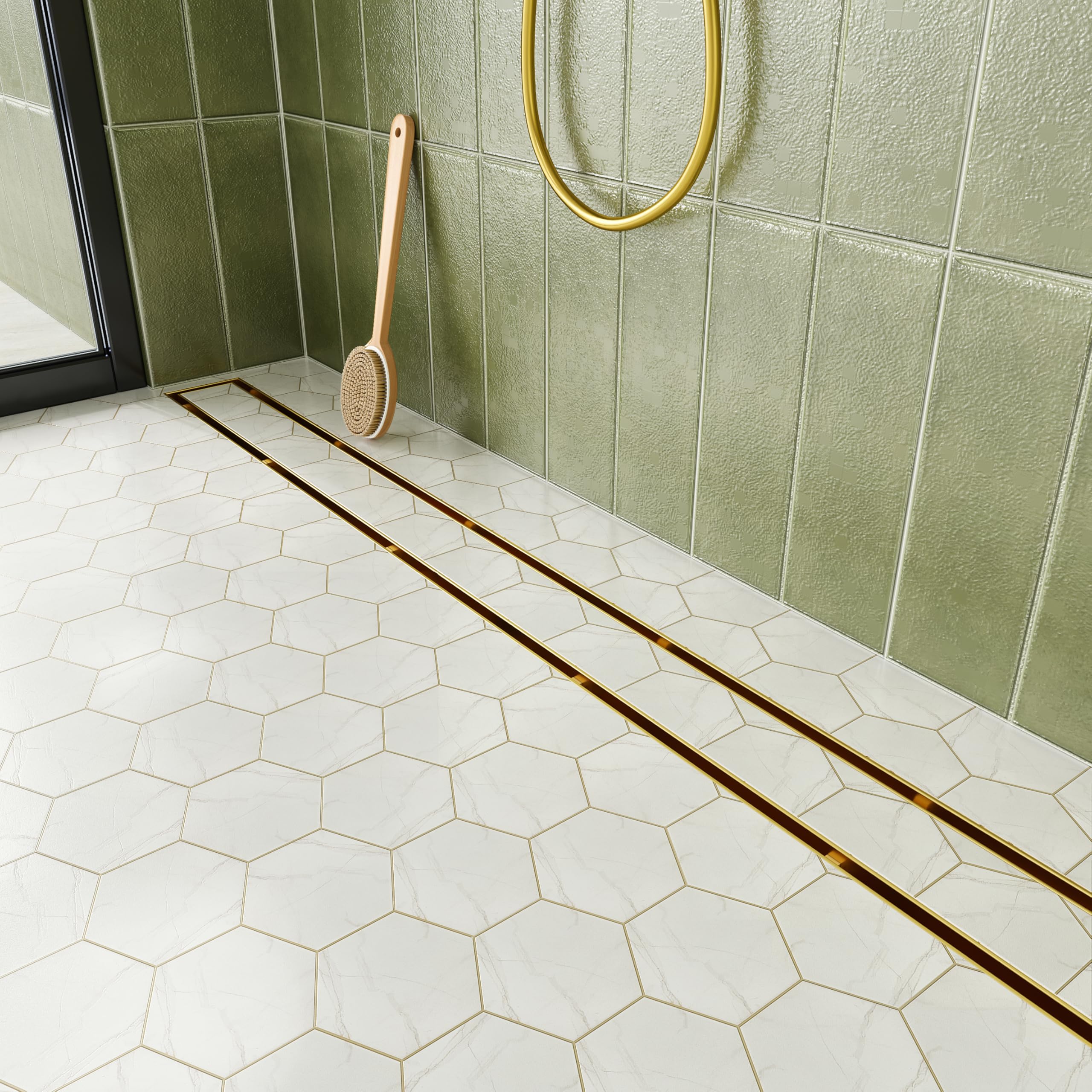 Photo 1 of Neodrain 48-Inch Linear Shower Drain with Tile Insert Grate, Golden 304 Stainless Steel Rectangle Shower Floor Drain, Linear Drain with Leveling Feet, Hair Strainer