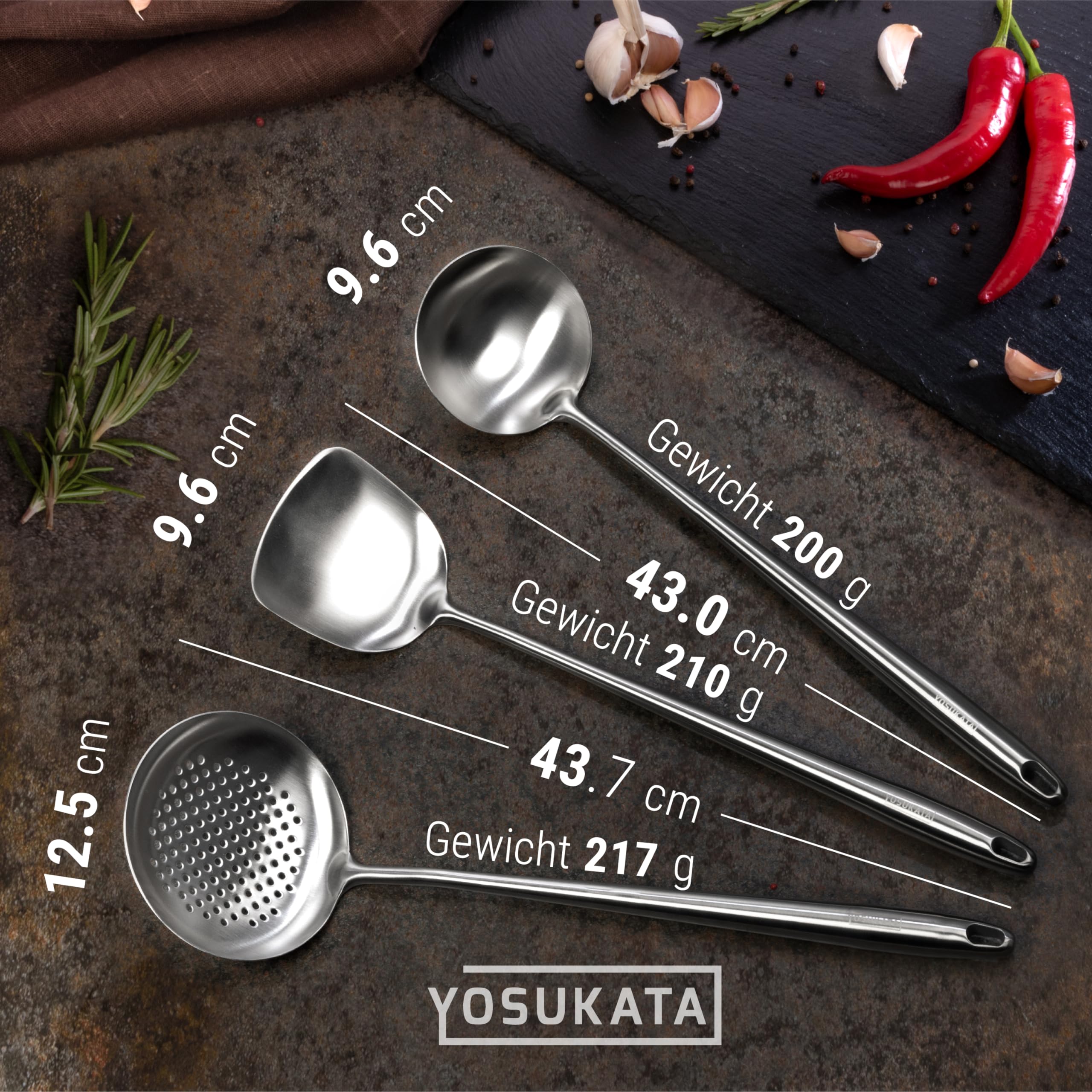 YOSUKATA Wok Schöpflöffel Schaumlöffel und Pfannenwender Edelstah 43 cm- Küchenhelfer Set Edelstahl 304- Schaumkelle - Spachtel Küche - Suppenkelle Edelstahl - Spülmaschinenfester Wok-Zubehör