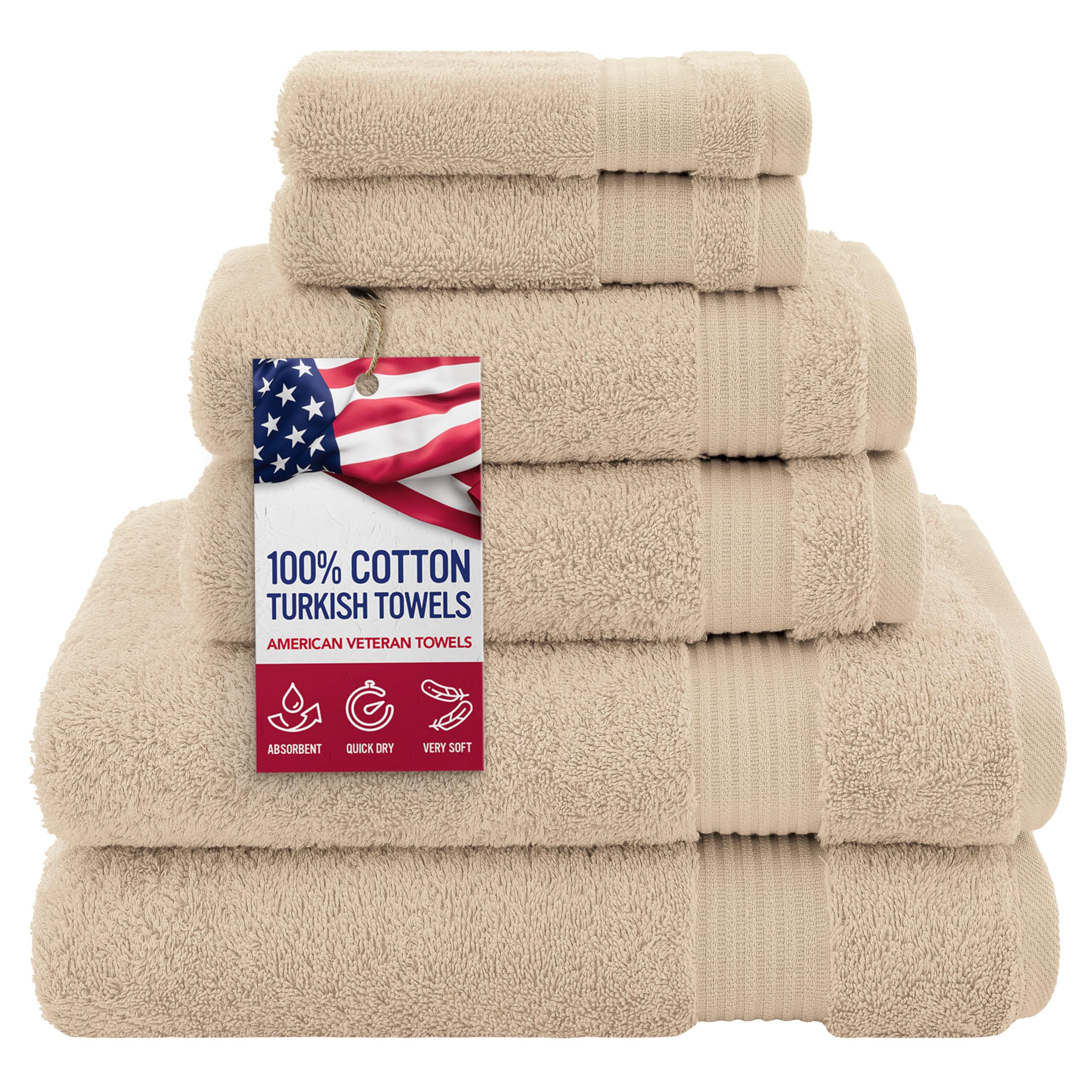American Veteran 6 Piece Luxury Towel Set, 100% Cotton Turkish Towels - 2 Bath, 2 Hand, 2 Washcloths, Beige