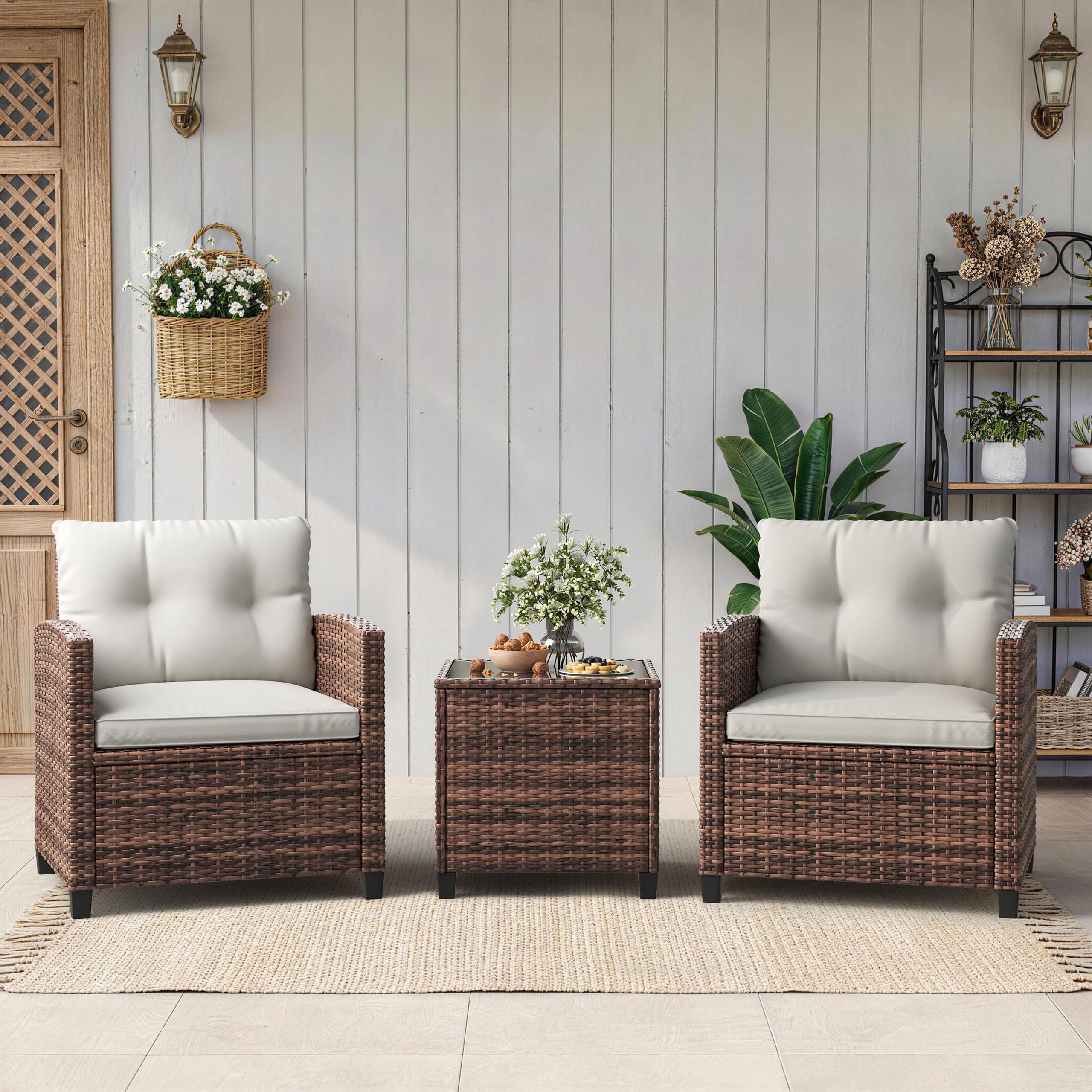 Garvee 3 Pieces Rattan Bistro Set, Wicker Garden Furniture Set with Coffee Table and 2 Chairs, Washable Cushions, Water Resistant, Outdoor Table & Chair Set for Outdoor Backyard, Patio, Balcony, Brown