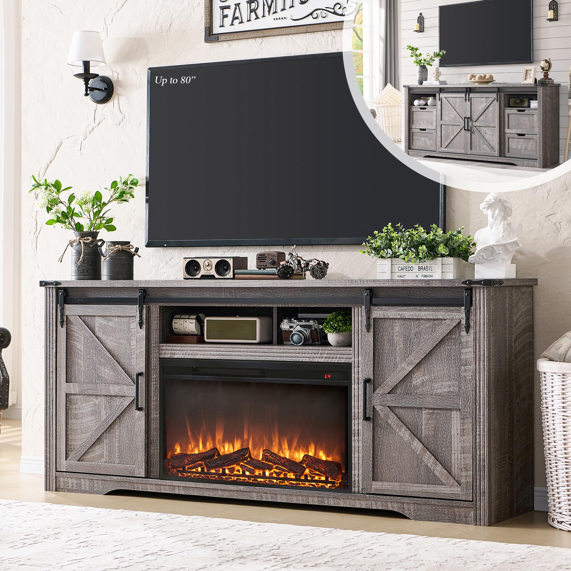 Farmhouse 70"Fireplace TV Stand for 80 Inch TV, 4 Drawers&amp;Sliding Barn Door