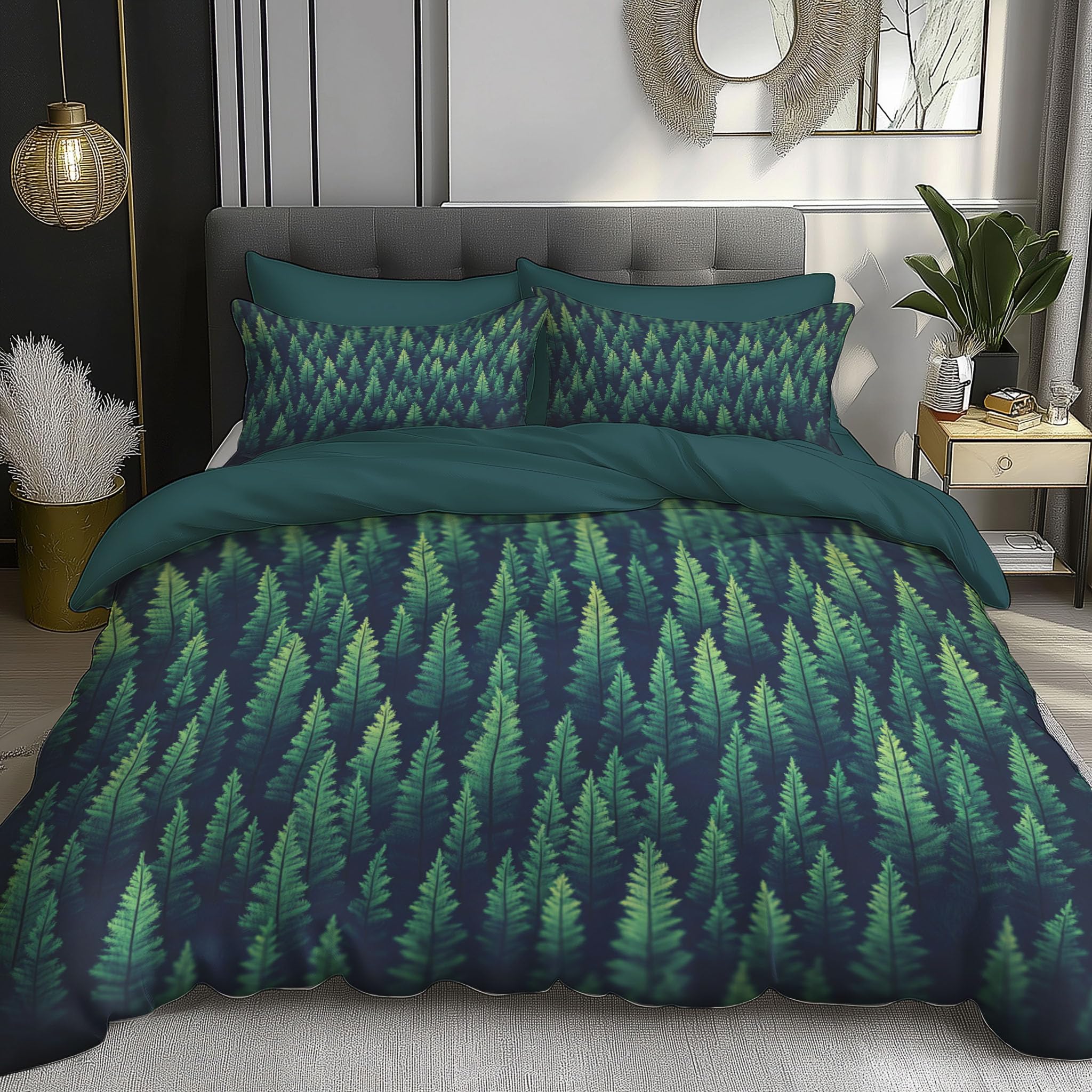 Housse de couette 200x200cm forêt de pins réversible en microfibre douce